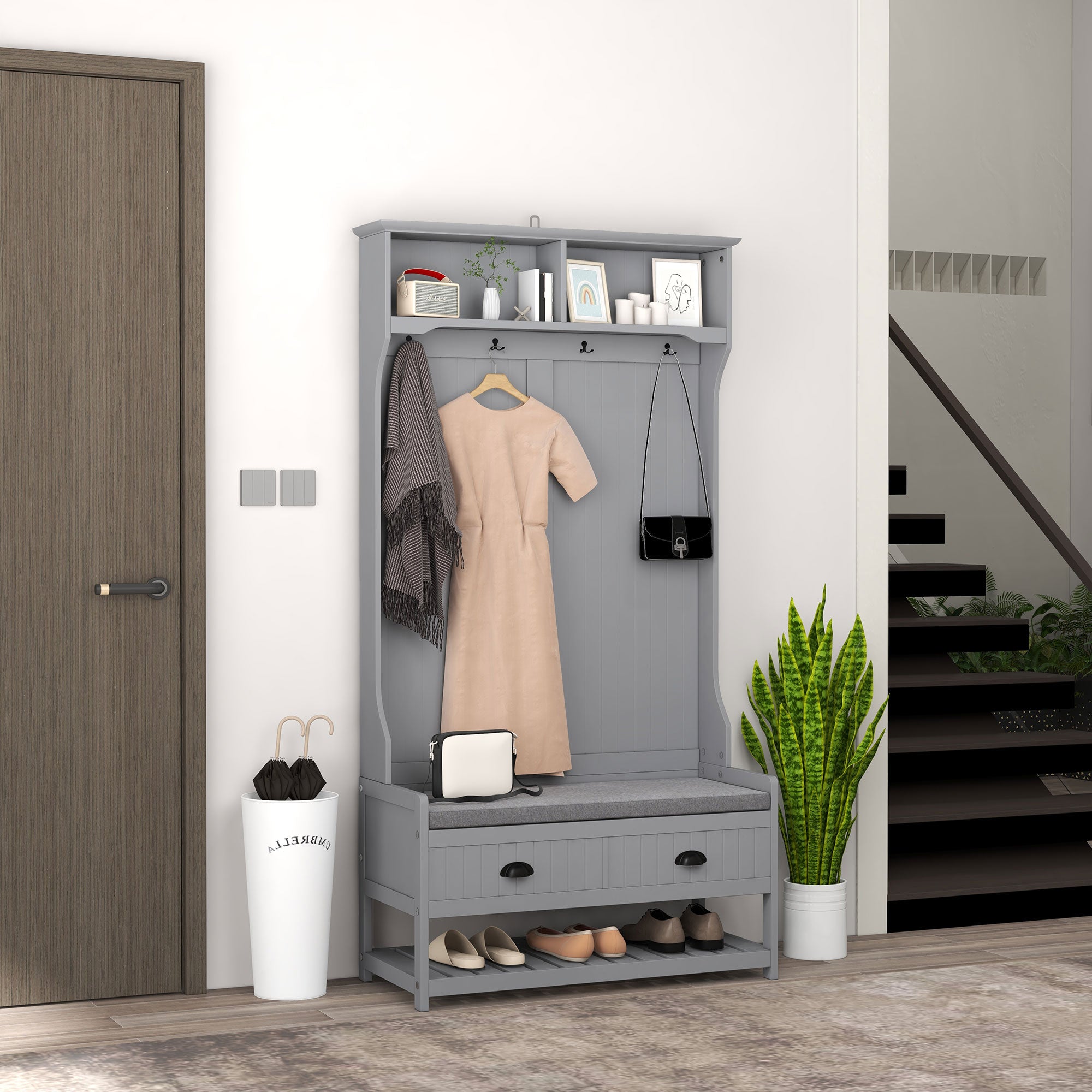 3-in-1 Hall Tree, Entryway Bench w/ Coat Rack, 2 Drawers, 4 Hooks & Padded Seat, Gray