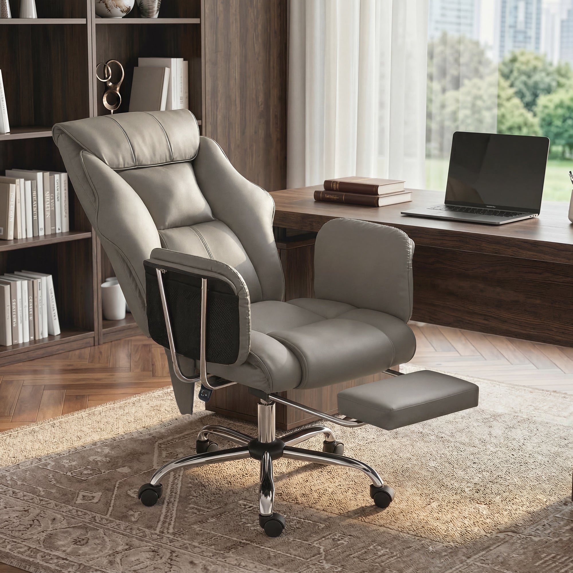 Massage Office Chair with 6-Point Vibration, Overstuffed Reclining Desk Chair with High Back, PU Leather, Footrest, Thick Spring Cushion, Lumbar Support, Adjustable Height, Swivel Wheels, Gray