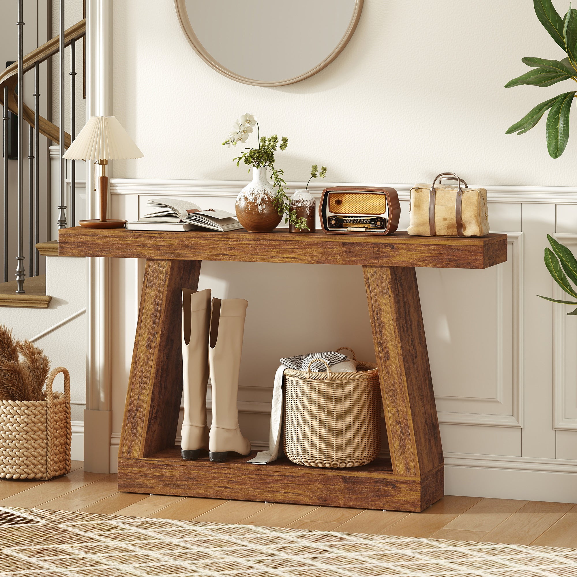 55" Farmhouse Console Table, 2-Tier Entryway Table with Storage and Thickened Tabletop for Hallway, Living Room, Entrance, Behind Couch, Dark Brown