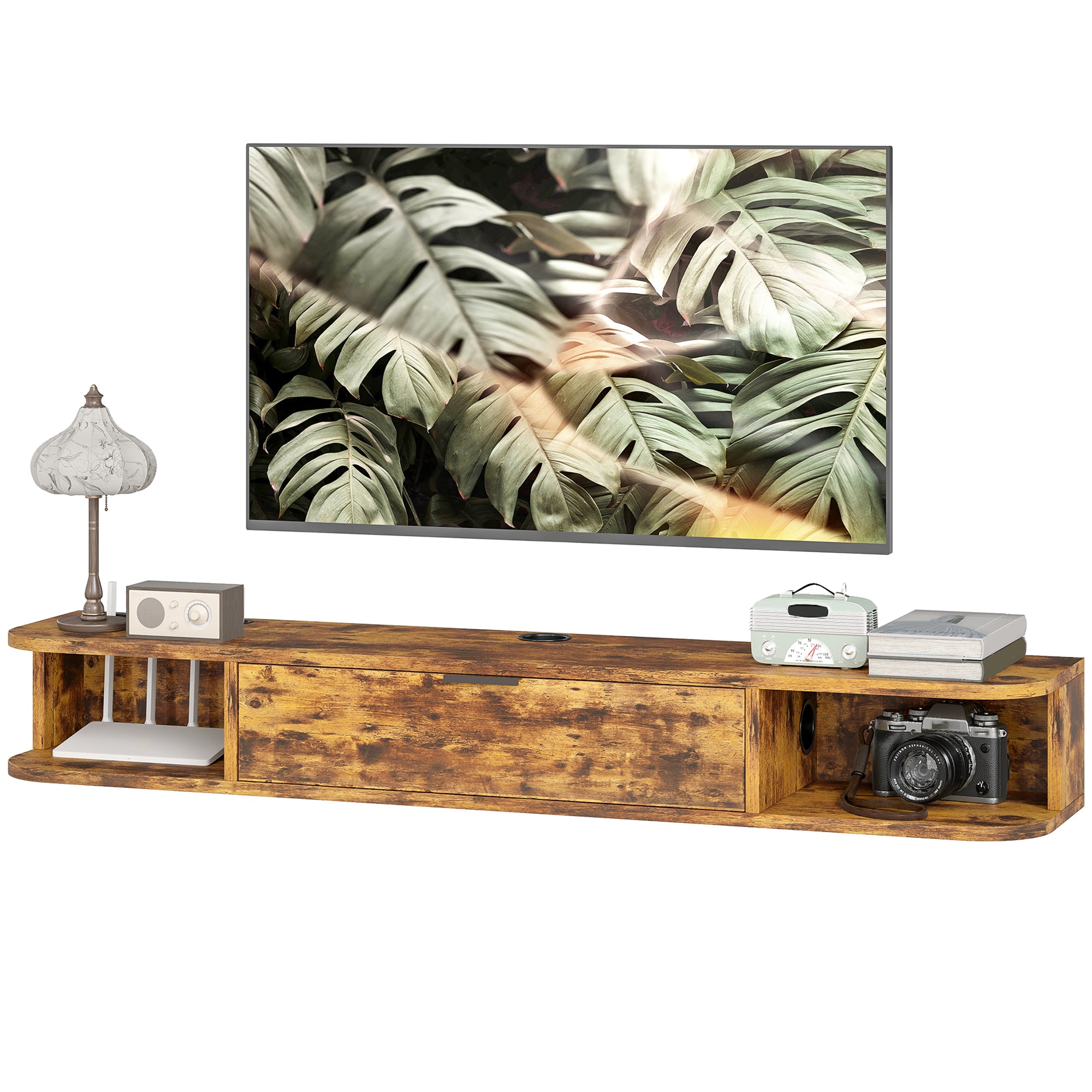 120 cm Floating TV Unit, Wall Mounted TV Stand Cabinet with Flip Drawer, 2 Open Shelves and Cable Management, Modern Media Console for Living Room, Holds Television up to 50 Inch, Rustic Brown