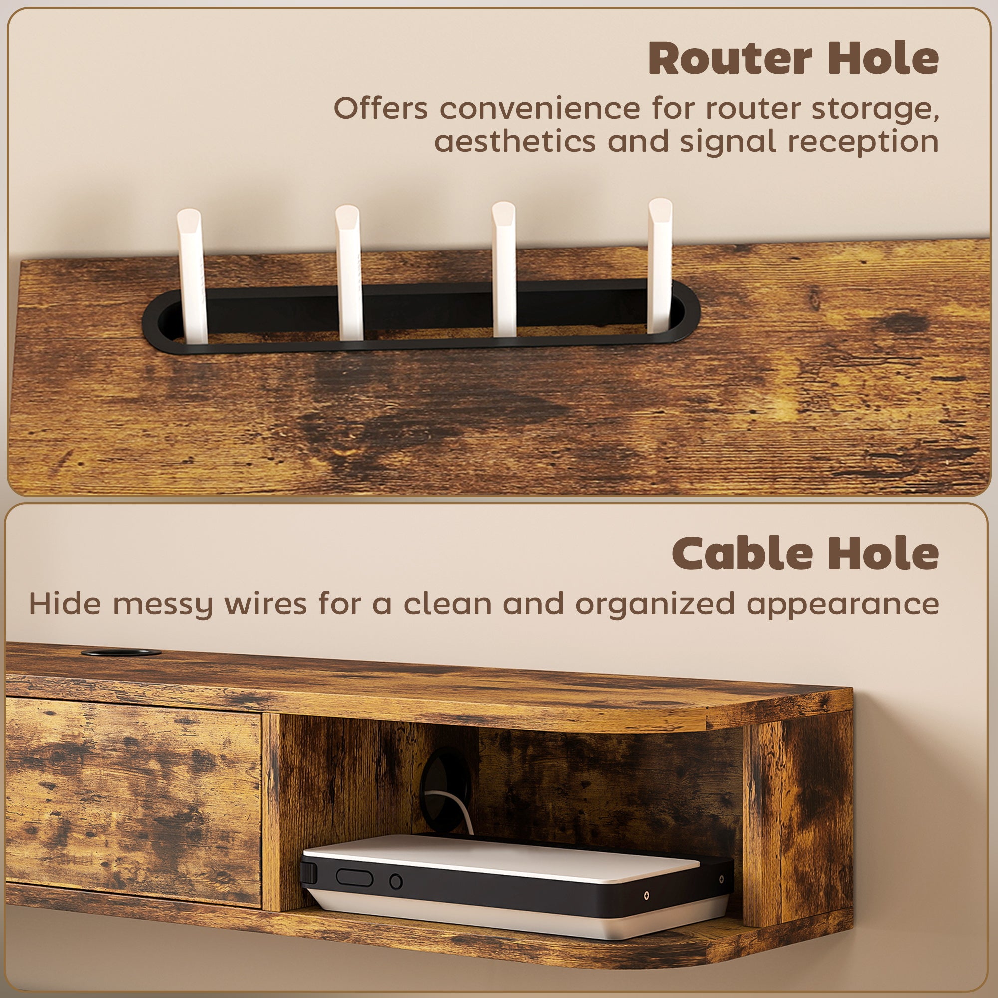 120 cm Floating TV Unit, Wall Mounted TV Stand Cabinet with Flip Drawer, 2 Open Shelves and Cable Management, Modern Media Console for Living Room, Holds Television up to 50 Inch, Rustic Brown