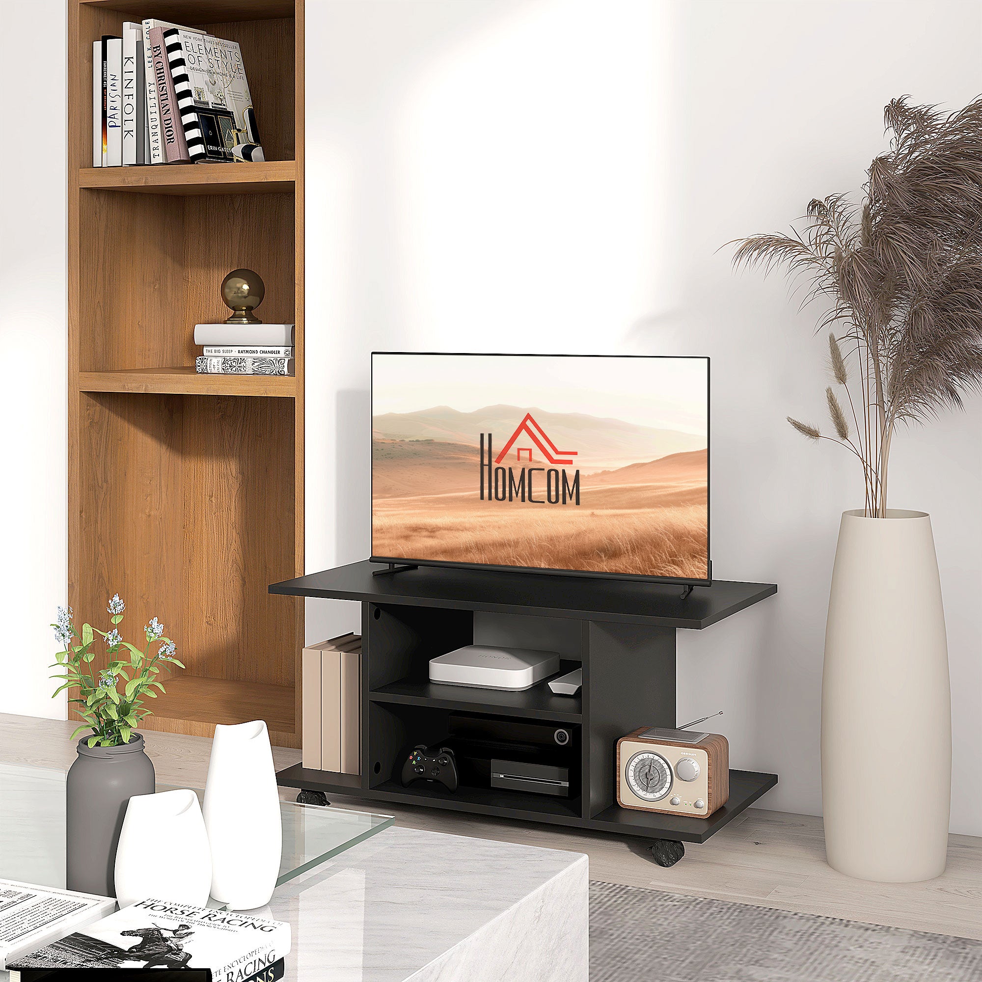 HOMCOM Modern TV Cabinet Stand Storage Shelves Table Mobile Bedroom Furniture Bookshelf Bookcase Black
