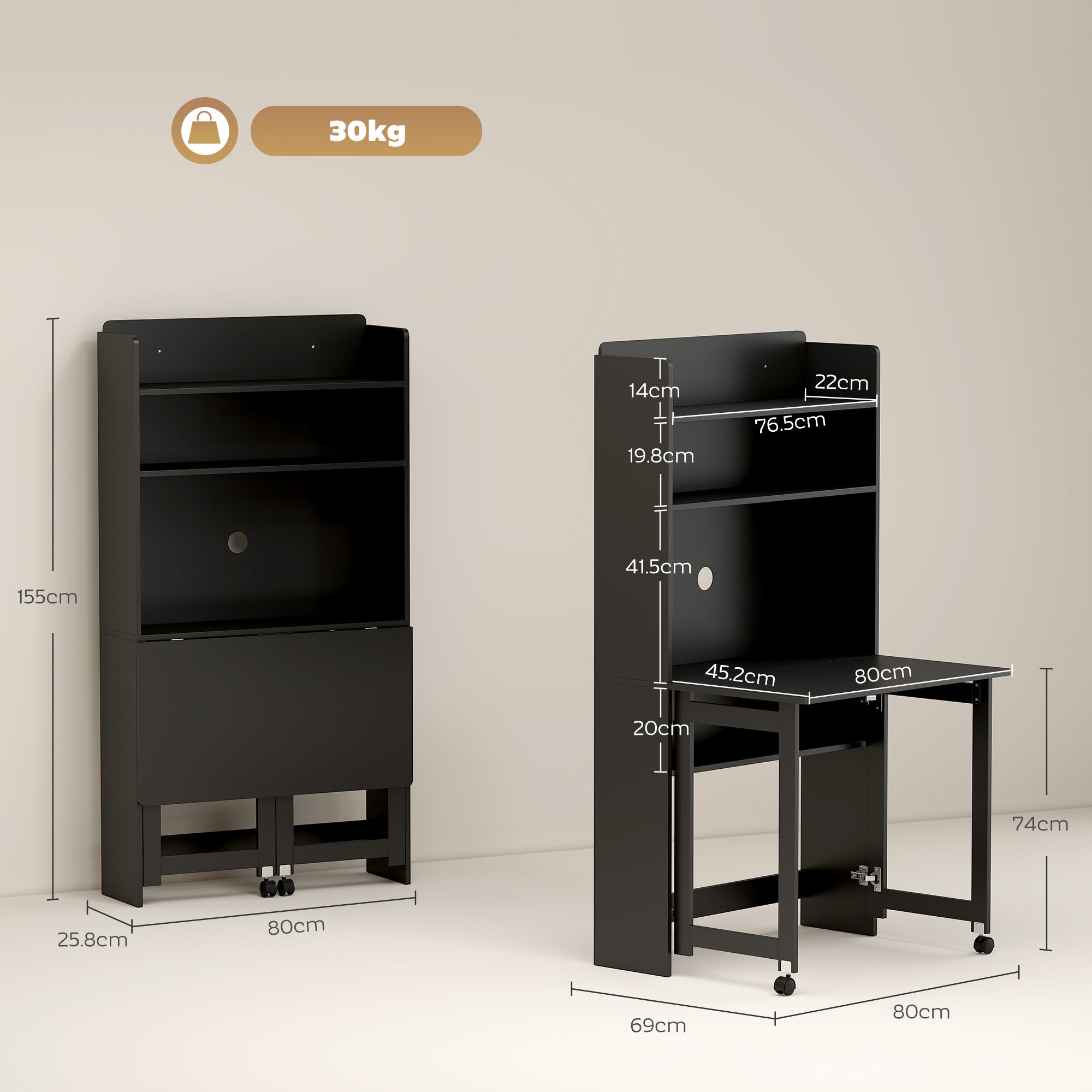 Computer Desk with Storage Shelves, Foldable Desktop with 2 Wheels, Study Table Workstation for Bedroom, Living Room and Home Office, 80 x 69 x 155 cm, Black