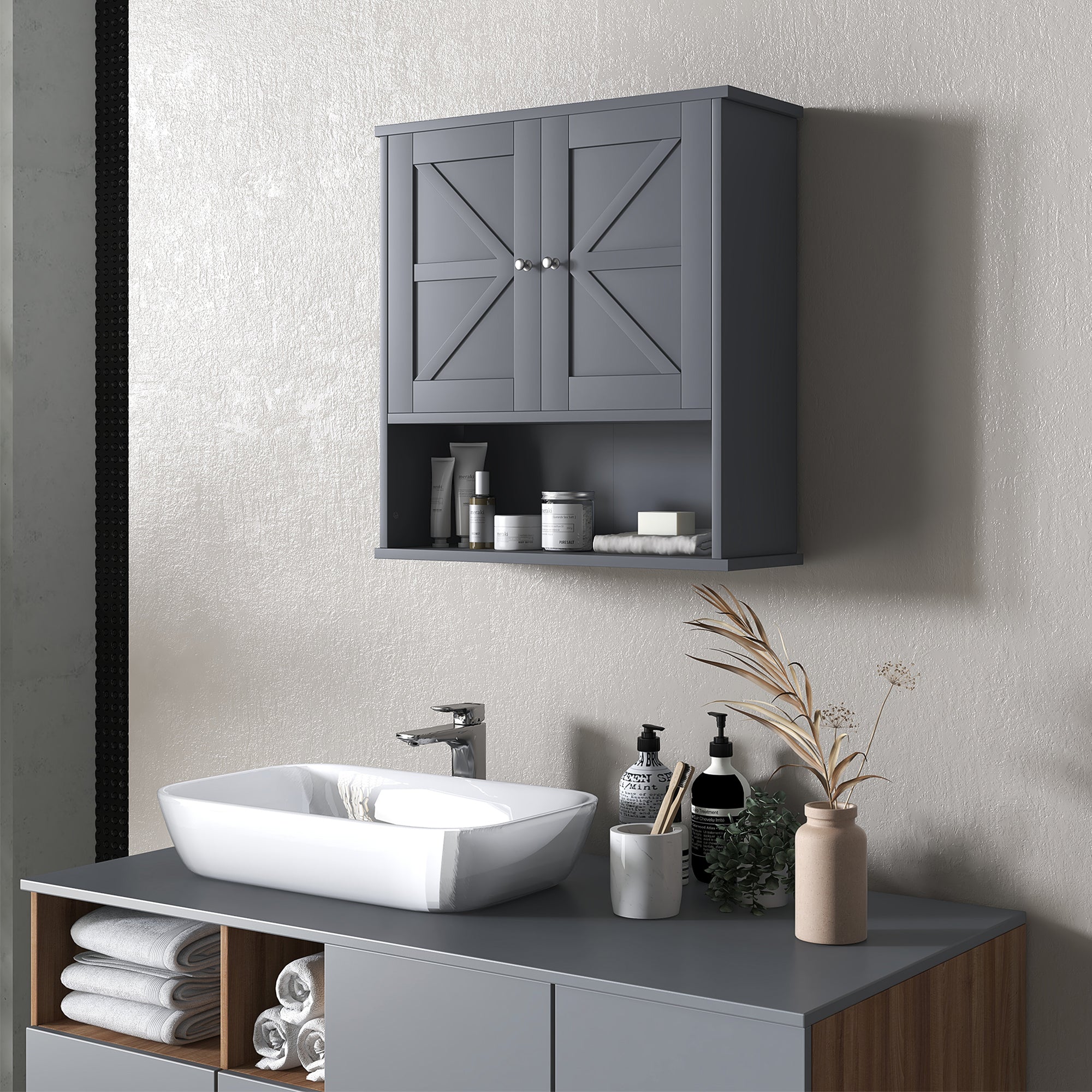Farmhouse Bathroom Medicine Cabinet with Barn Doors and Adjustable Shelf, Gray