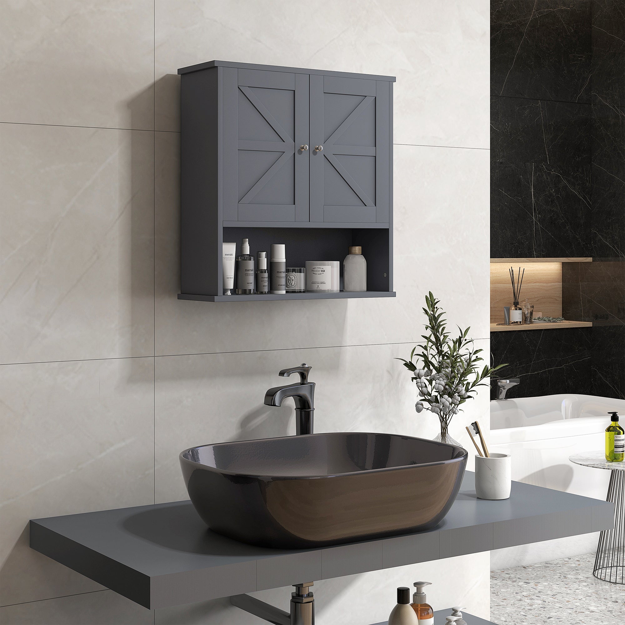Farmhouse Bathroom Medicine Cabinet with Barn Doors and Adjustable Shelf, Gray