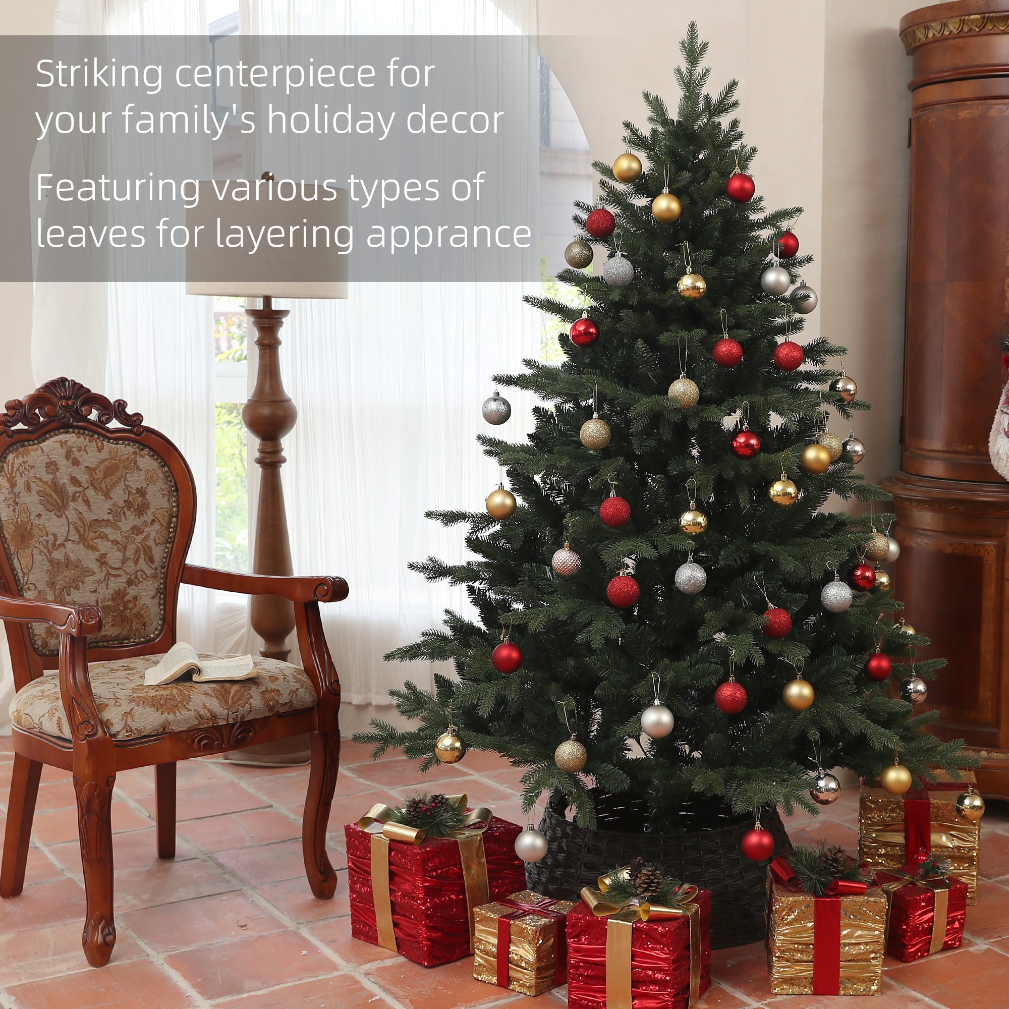 6ft Artificial Spurce Christmas Tree with 1696 Branch Tips and Foldable Steel Base, Realistic Hinged Xmas Tree for Home Office, Green