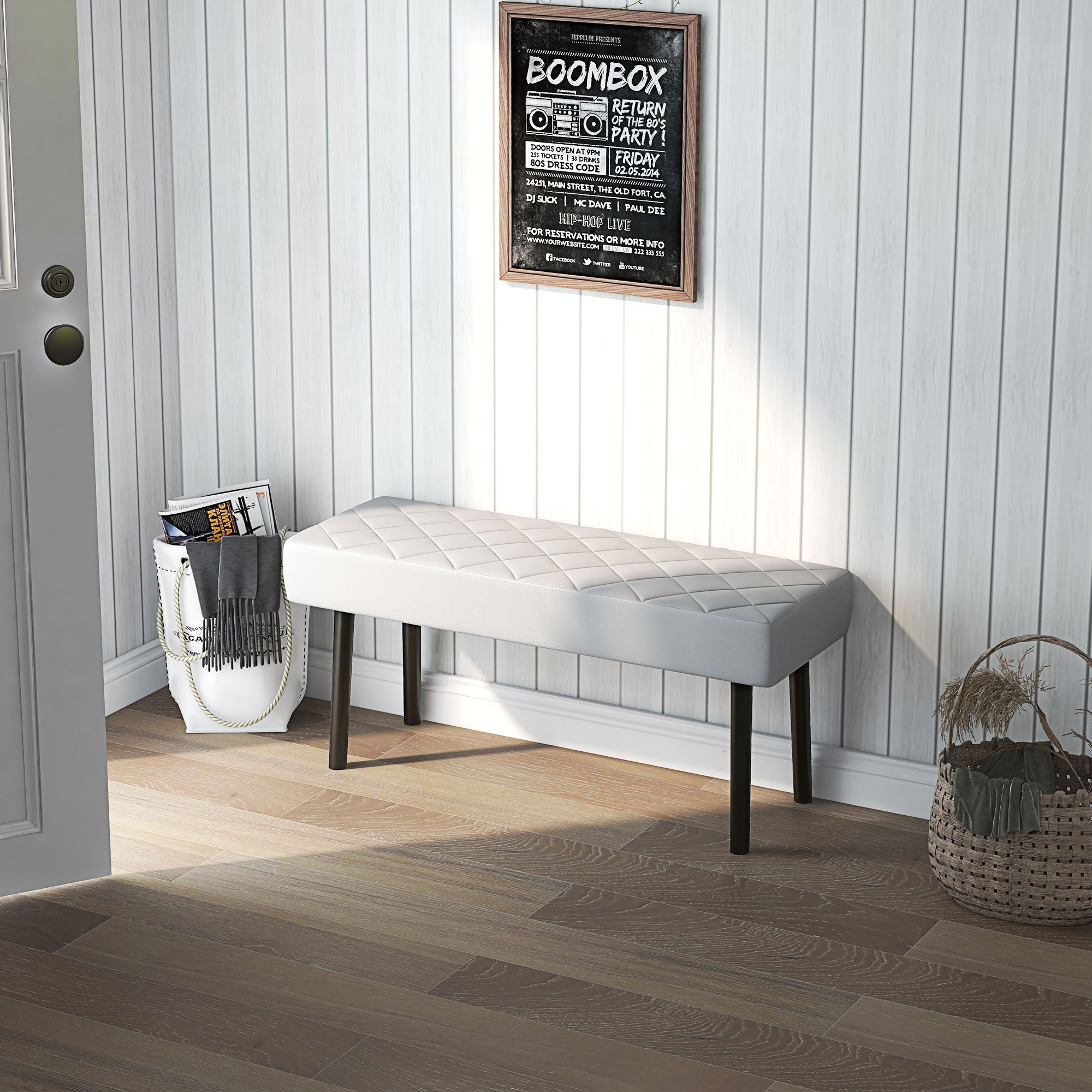 39.4" Faux Leather Upholstered Entryway Bench with Metal Legs & Padded Seat, Gray