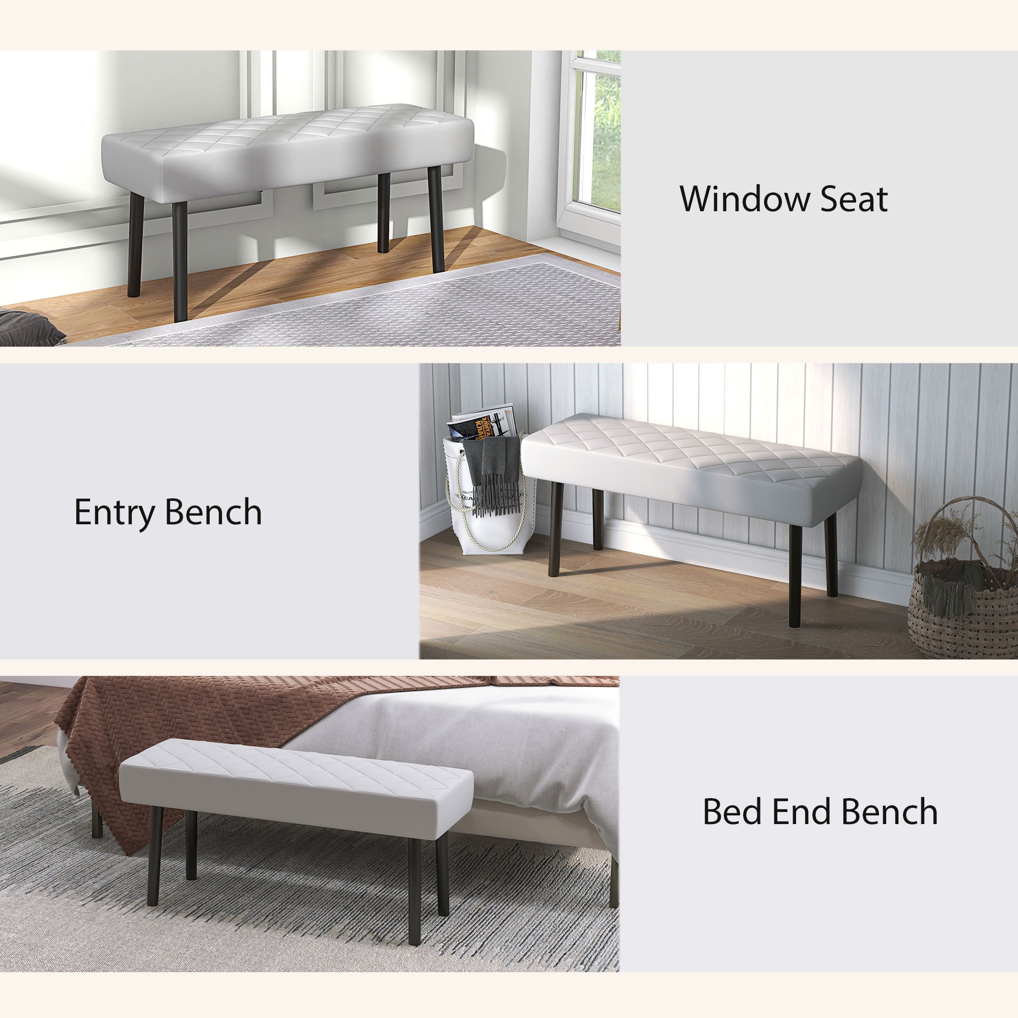 39.4" Faux Leather Upholstered Entryway Bench with Metal Legs & Padded Seat, Gray