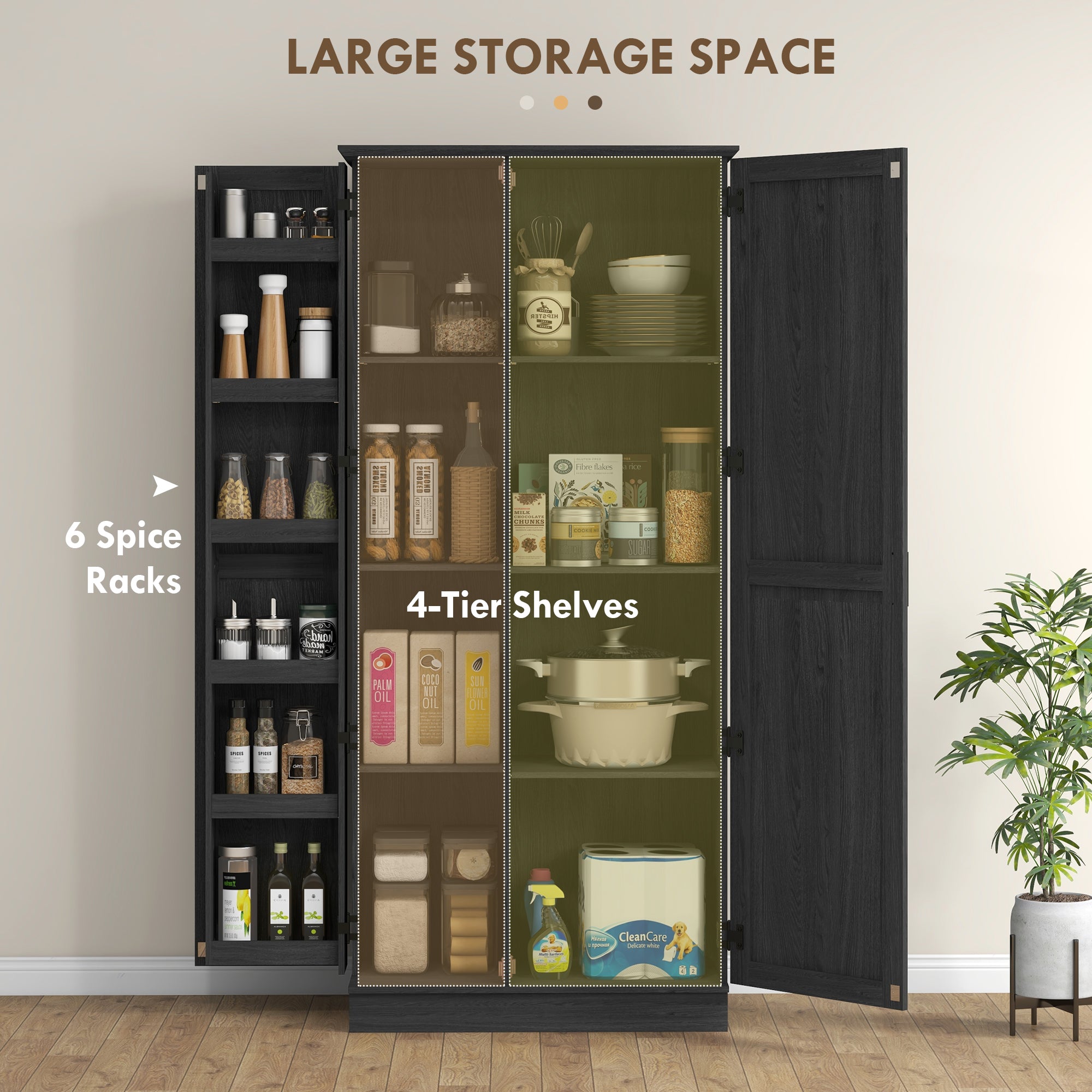 70" Tall Kitchen Pantry Cabinet w/ Spice Racks & Adjustable Shelves, Black