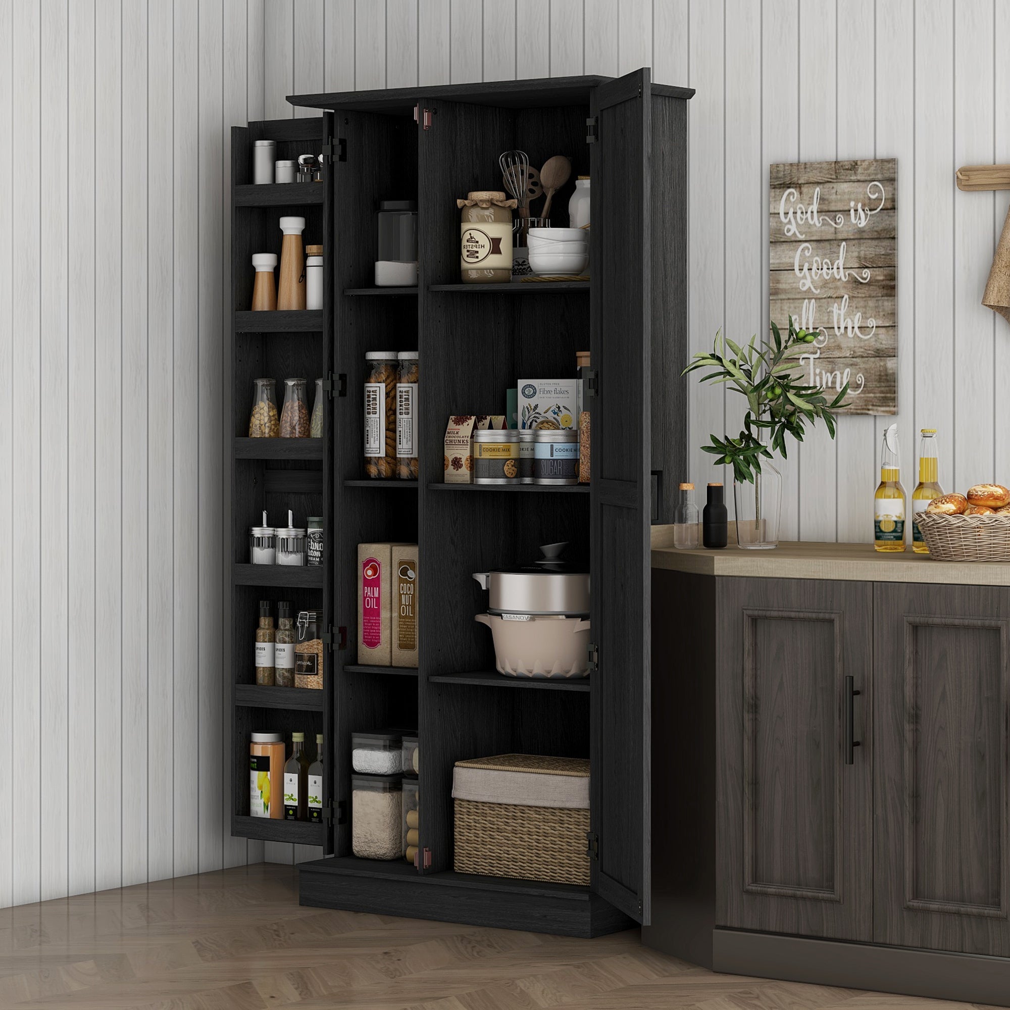70" Tall Kitchen Pantry Cabinet w/ Spice Racks & Adjustable Shelves, Black