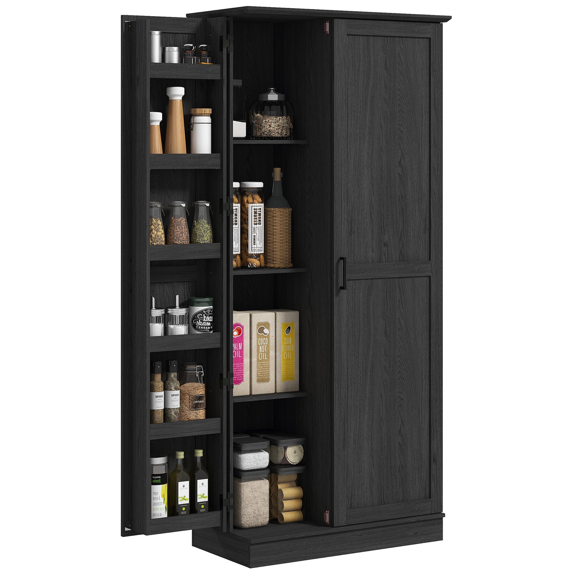 70" Tall Kitchen Pantry Cabinet w/ Spice Racks & Adjustable Shelves, Black