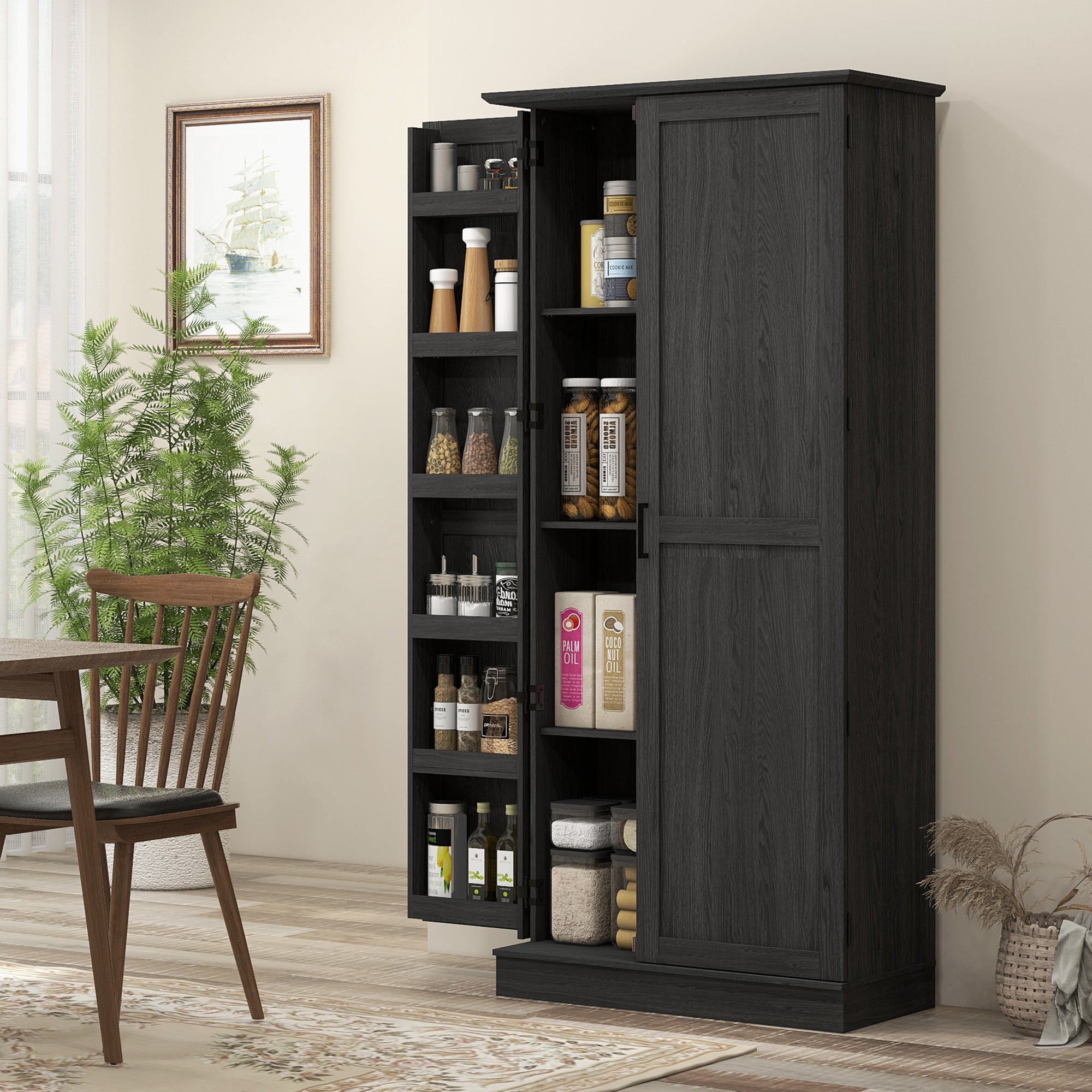 70" Tall Kitchen Pantry Cabinet w/ Spice Racks & Adjustable Shelves, Black
