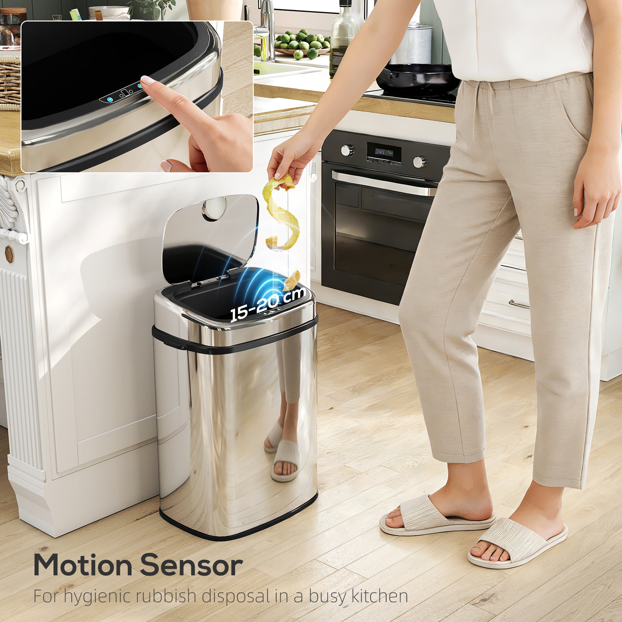 50L Sensor Bin with Soft-Close Lid, Automatic Touchless Motion Sensor Kitchen Bin with Fingerprint Resistant Stainless Steel for Hygienic Gyms, Home Office Use, Silver Tone