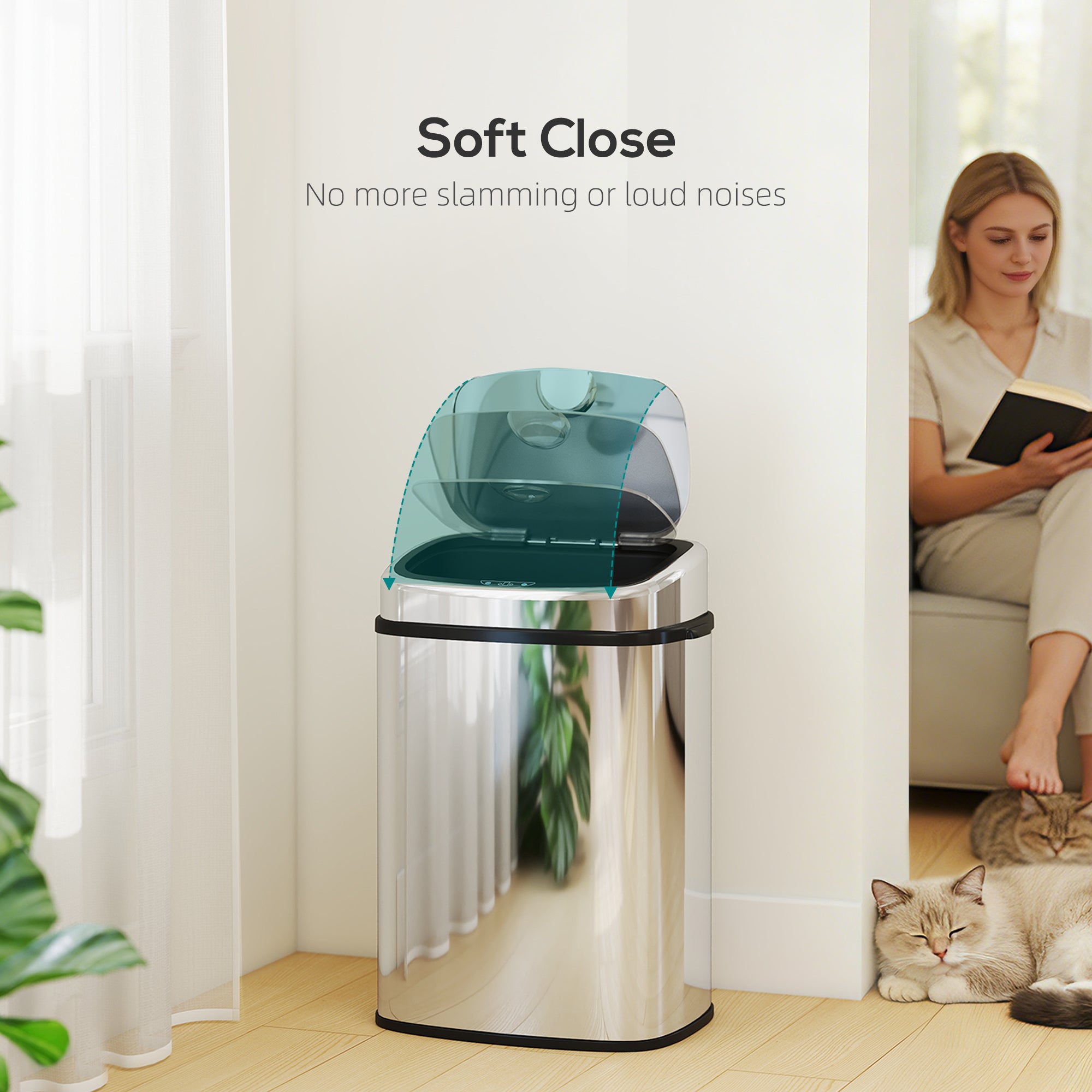 50L Sensor Bin with Soft-Close Lid, Automatic Touchless Motion Sensor Kitchen Bin with Fingerprint Resistant Stainless Steel for Hygienic Gyms, Home Office Use, Silver Tone