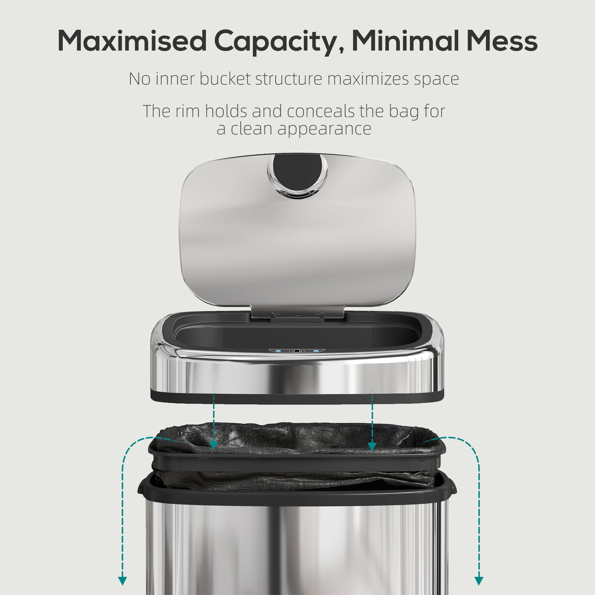 50L Sensor Bin with Soft-Close Lid, Automatic Touchless Motion Sensor Kitchen Bin with Fingerprint Resistant Stainless Steel for Hygienic Gyms, Home Office Use, Silver Tone