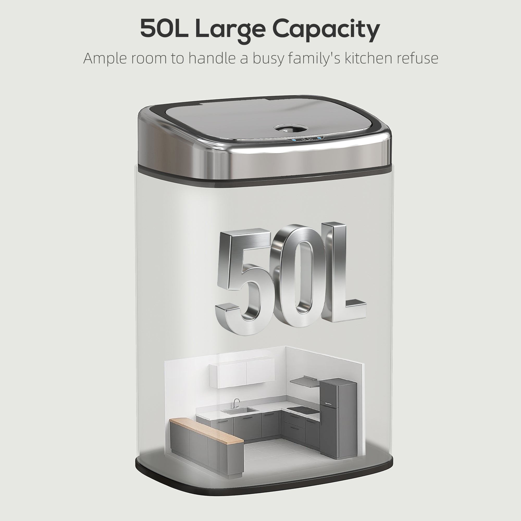 50L Sensor Bin with Soft-Close Lid, Automatic Touchless Motion Sensor Kitchen Bin with Fingerprint Resistant Stainless Steel for Hygienic Gyms, Home Office Use, Silver Tone