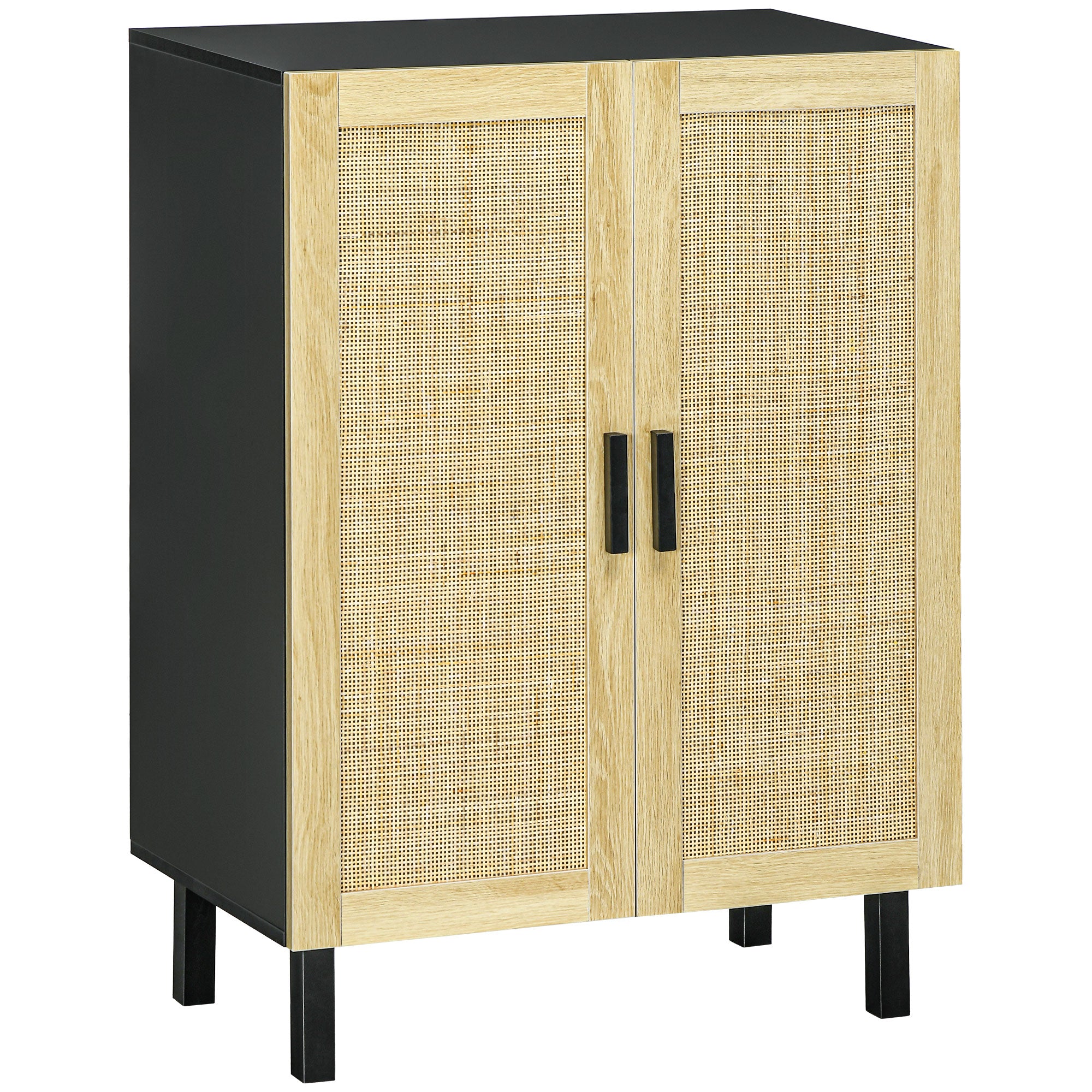 Boho Kitchen Buffet Cabinet w/ 2 Rattan Doors and Adjustable Shelves, Black & Natural