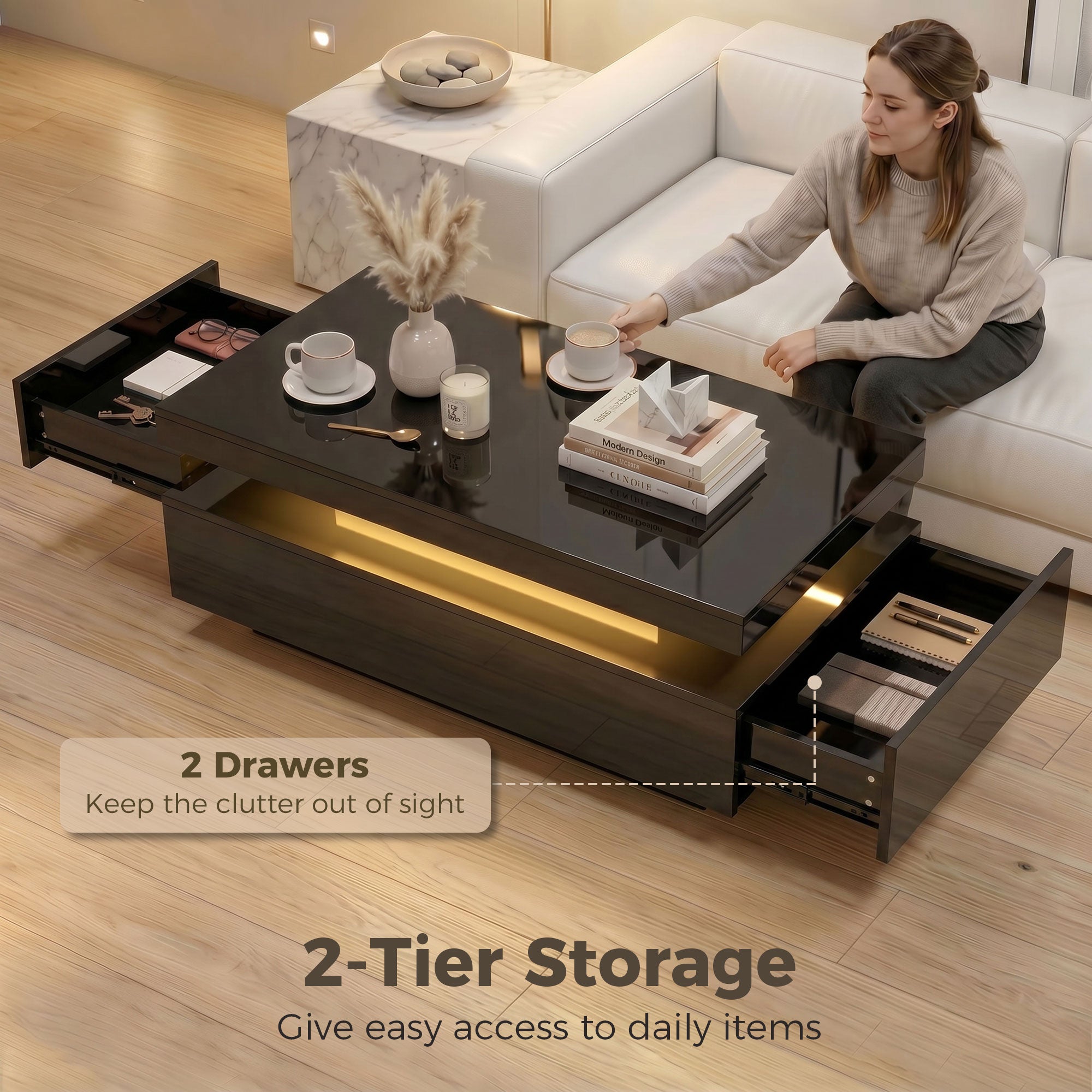 LED Coffee Table with Storage, 2-Tier Modern Rectangular Center Table with 2 Drawers and Open Compartment for Living Room, High Gloss Black