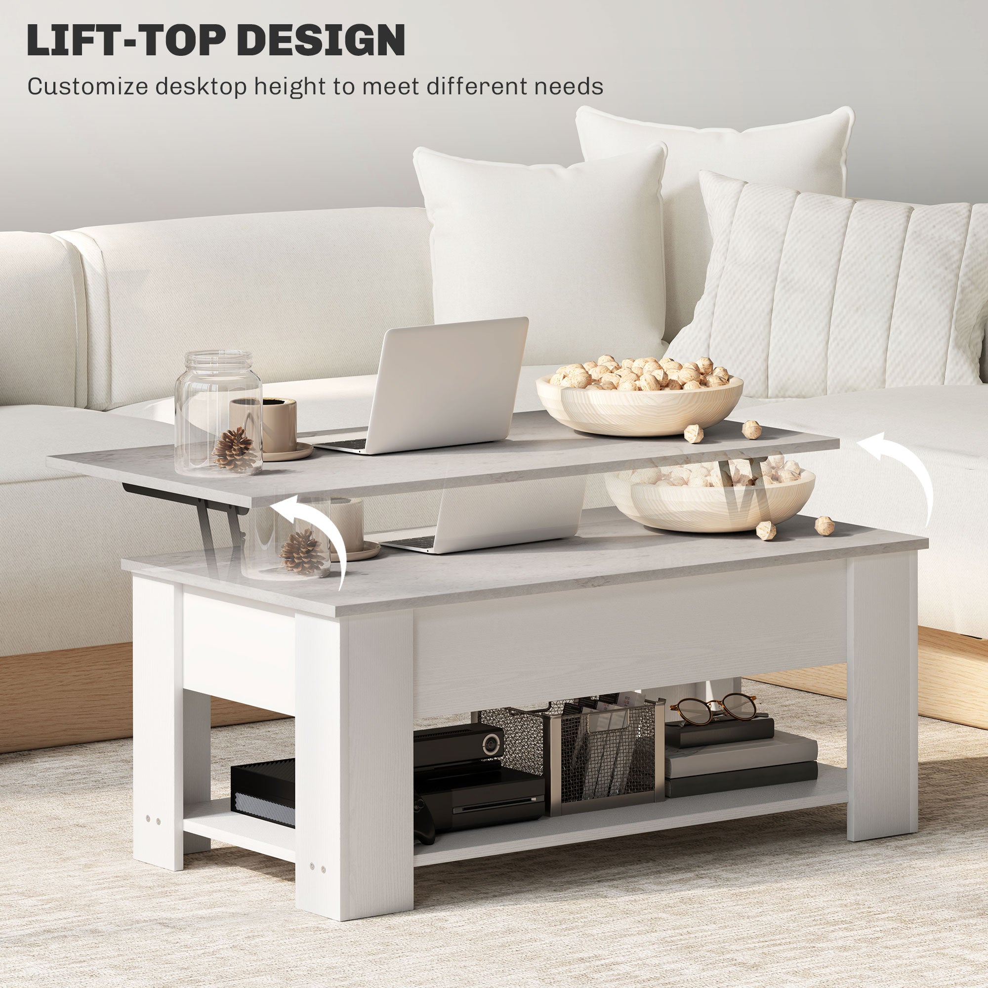 HOMCOM Lift Top Coffee Table with Hidden Storage Compartment and Open Shelf, Center Table for Living Room, White