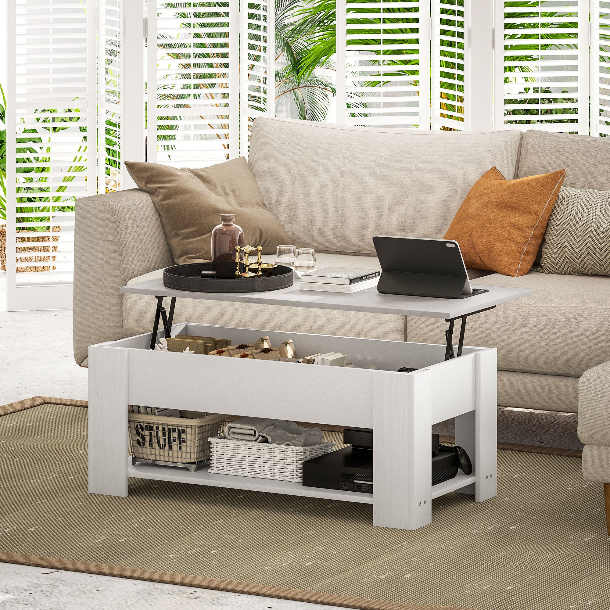 HOMCOM Lift Top Coffee Table with Hidden Storage Compartment and Open Shelf, Center Table for Living Room, White