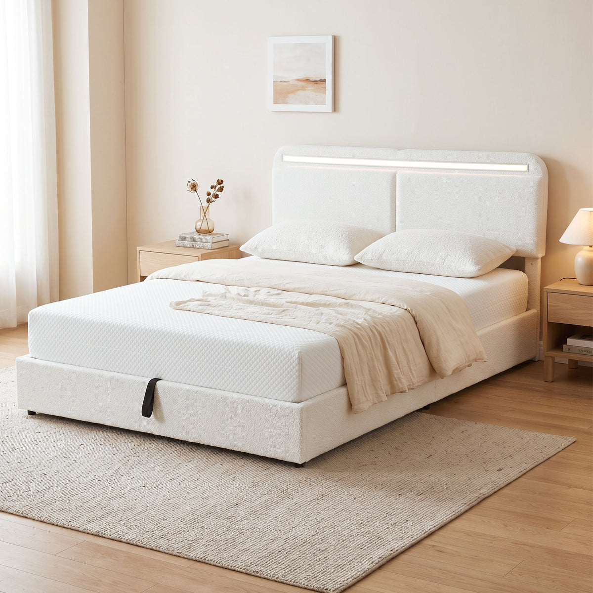 Queen Bed Frame with Charging Station, LED Lights, Adjustable Headboard, Fabric Platform Bed Frame, Wood Slat Support, Noise Free, No Box Spring Needed, Easy Assembly, White