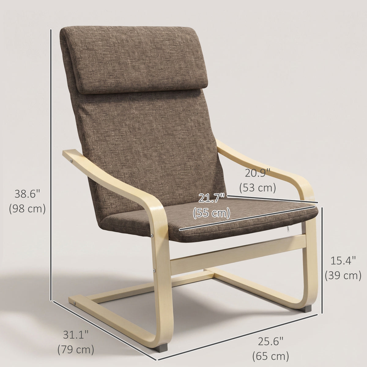 Modern Accent Chair, Linen-Feel Upholstered Living Room Chair with Wood Curved Legs and Wide Padded Seat for Balcony, Dark Brown