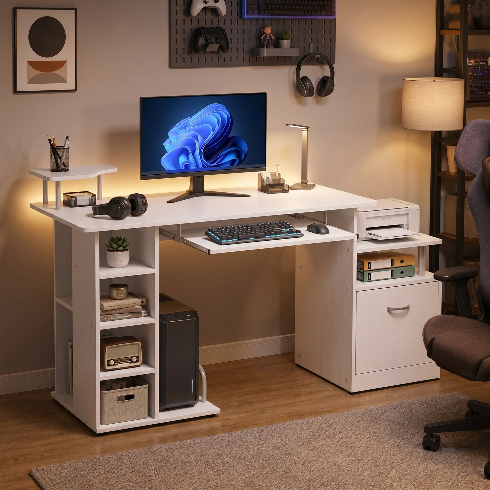 Computer Desk PC Workstation with Drawer Shelves CPU Storage Rack Home Office Furniture 152 x 60 x 88 cm White Wood Effect
