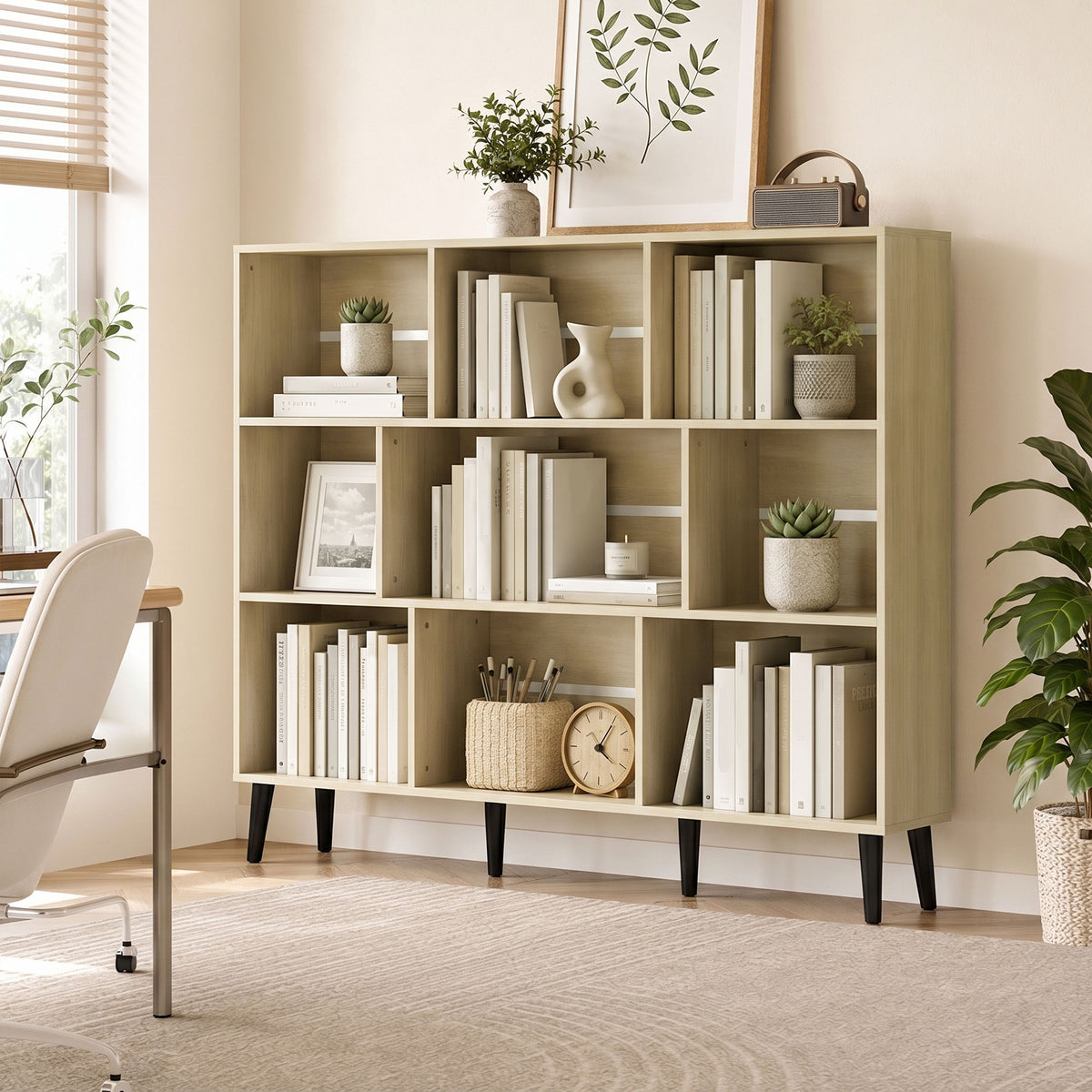 10-Cube Bookshelf, 3-Tier Bookcase with Solid Wood Legs, 140 cm Modern Freestanding Book Shelf with Anti-Tip Kit for Bedroom Living Room Study Office, Oak