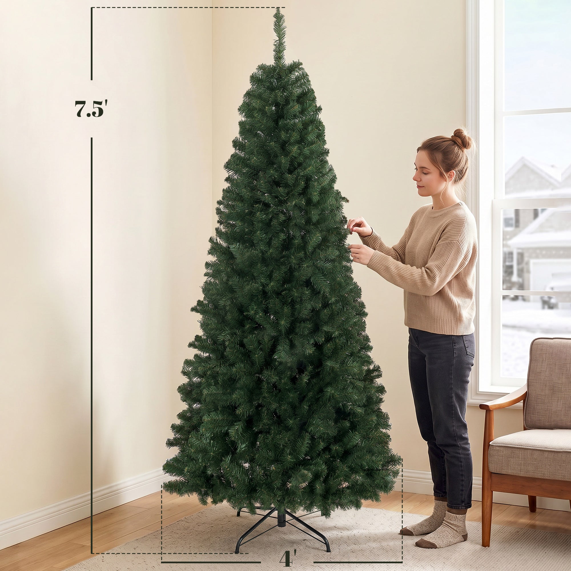 7.5ft Norwegian Spruce Artificial Christmas Tree with 1388 Branch Tips, Foldable Metal Stand, Quick-Assembly Hinged Design, Full Xmas Tree for Home Office Holiday Decor, Green