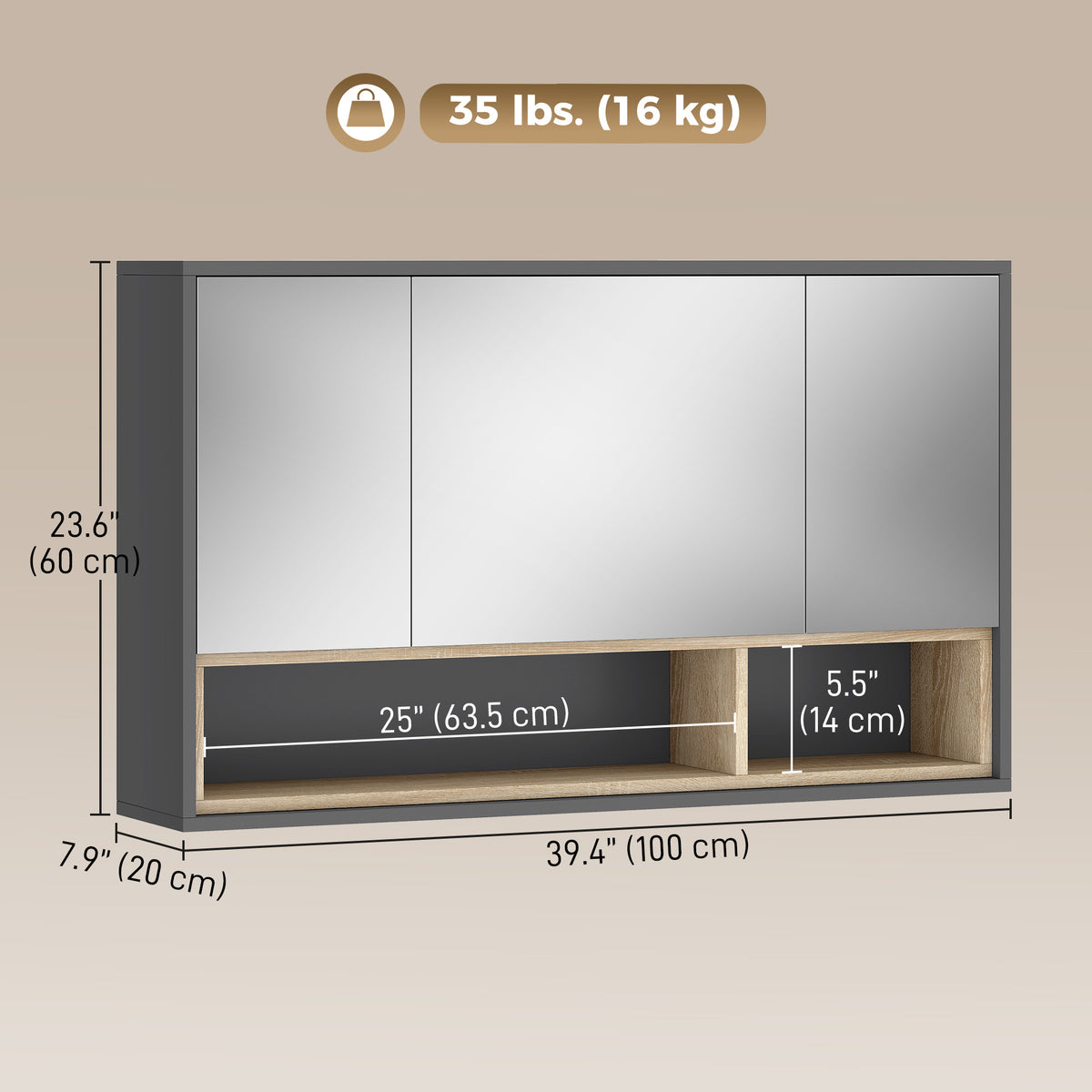 Medicine Cabinet with Mirror, Wall Mounted Bathroom Mirror Cabinet with Shelves, 3 Doors Storage Cabinet, Grey