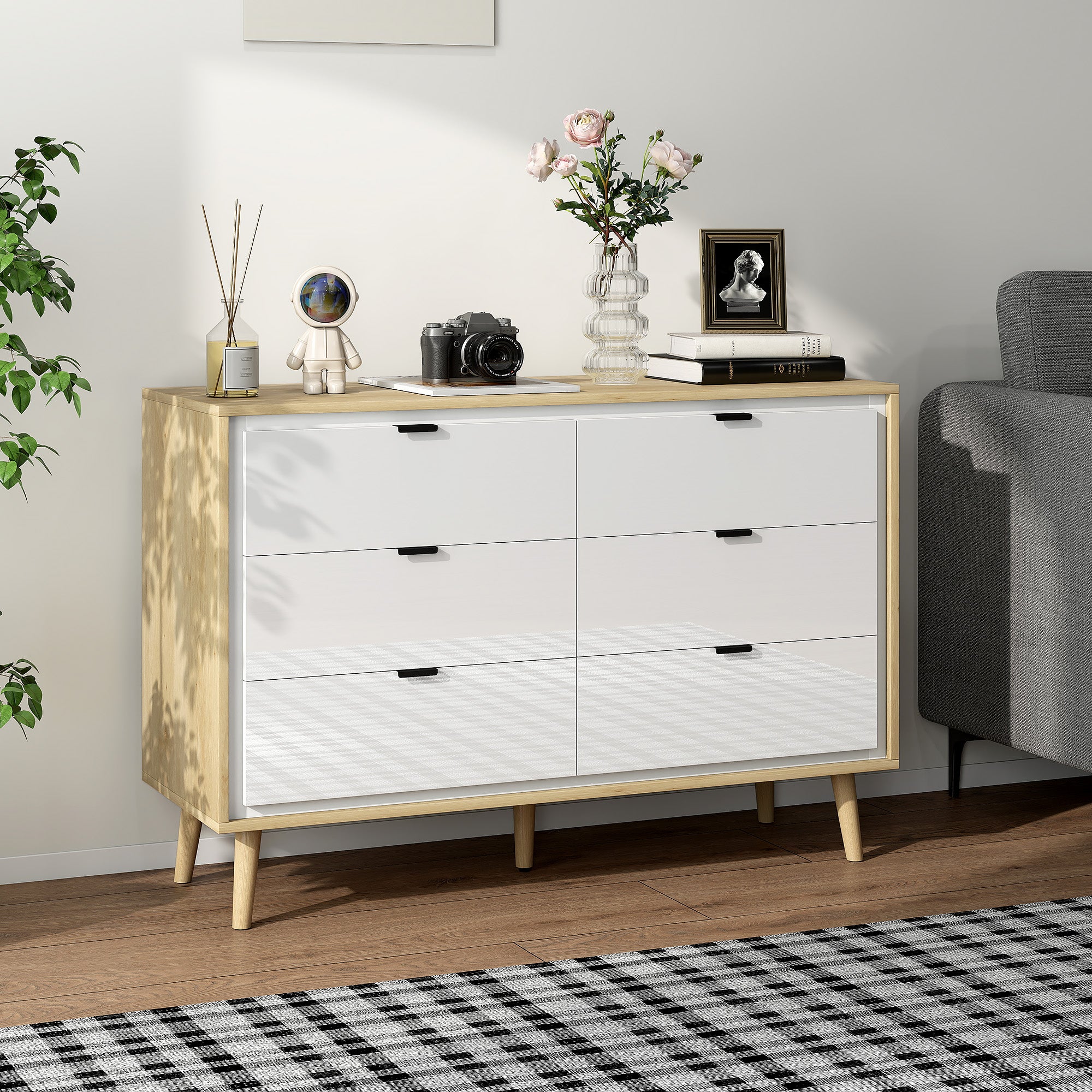 Chest of Drawers, 6 Drawer Dresser, Storage Cabinet with 6 Drawers and 5 Legs for Bedroom, Living Room, High Gloss White