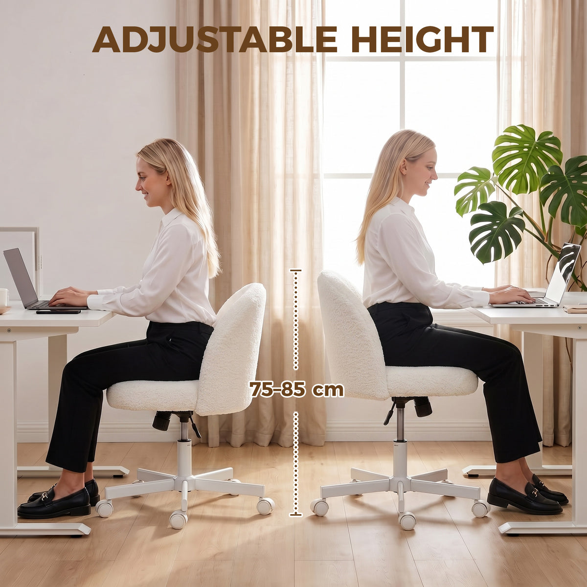 Office Chair, Sherpa Fleece Computer Task Desk Chair, Armless Makeup Vanity Seat with 360° Swivel, Tilt, Adjustable Height, Wheels for Home Office, Study, Cream White
