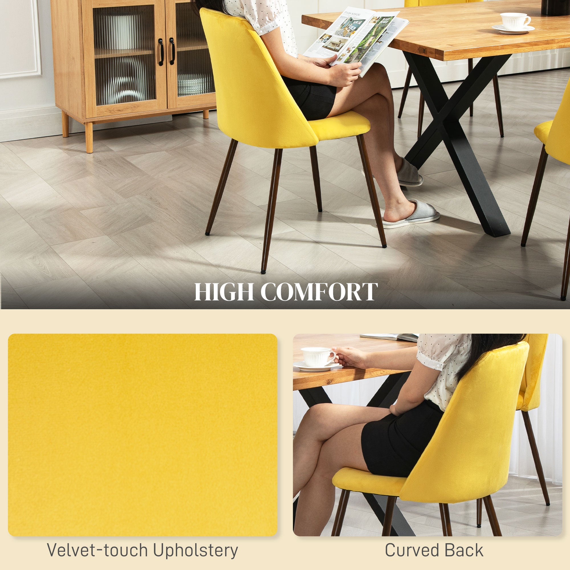 HOMCOM Dining Chairs Set of 4, Modern Kitchen Chairs with Velvet-touch Upholstery, Curved Back and Wood-grain Steel Legs, Accent Chairs for Living Room, Bedroom, Yellow