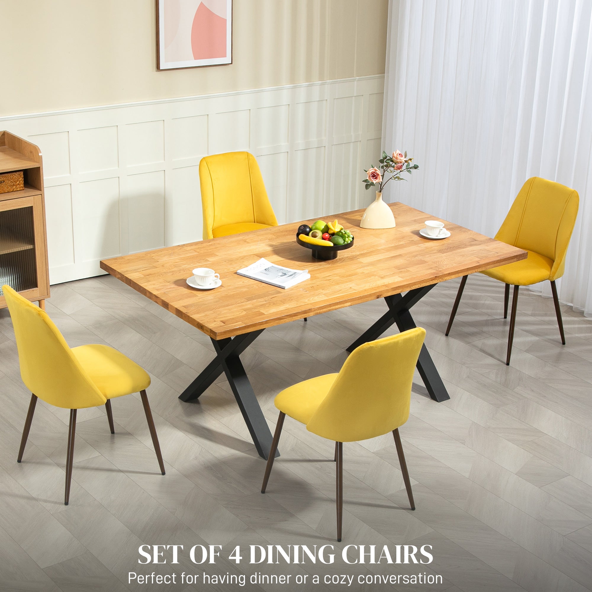HOMCOM Dining Chairs Set of 4, Modern Kitchen Chairs with Velvet-touch Upholstery, Curved Back and Wood-grain Steel Legs, Accent Chairs for Living Room, Bedroom, Yellow