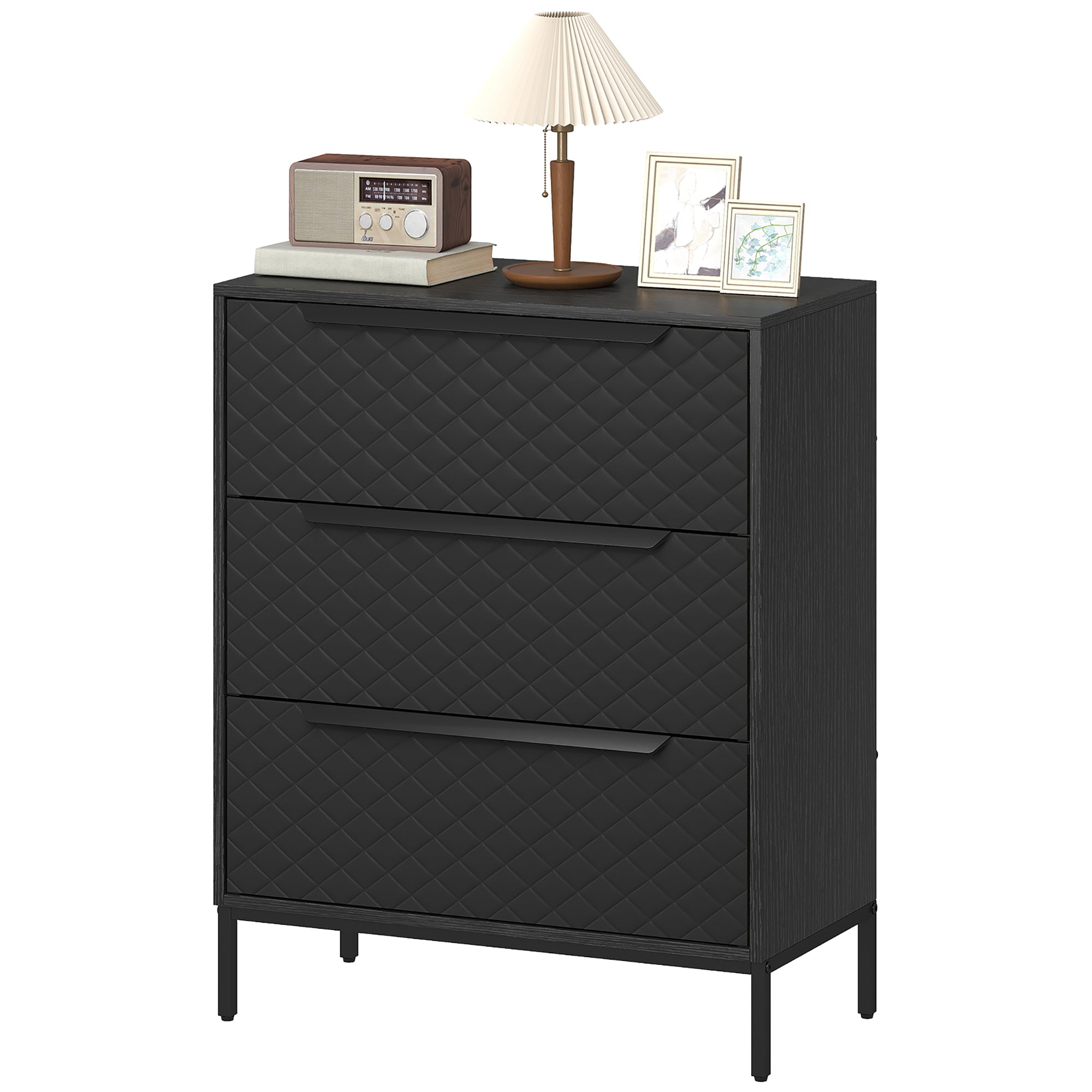 Chest of Drawers, Dresser with 3 Fabric Drawers, Bedroom Storage Unit with Aluminium Handles and Wood-effect Top for Living Room, Hallway, Entryway, Black