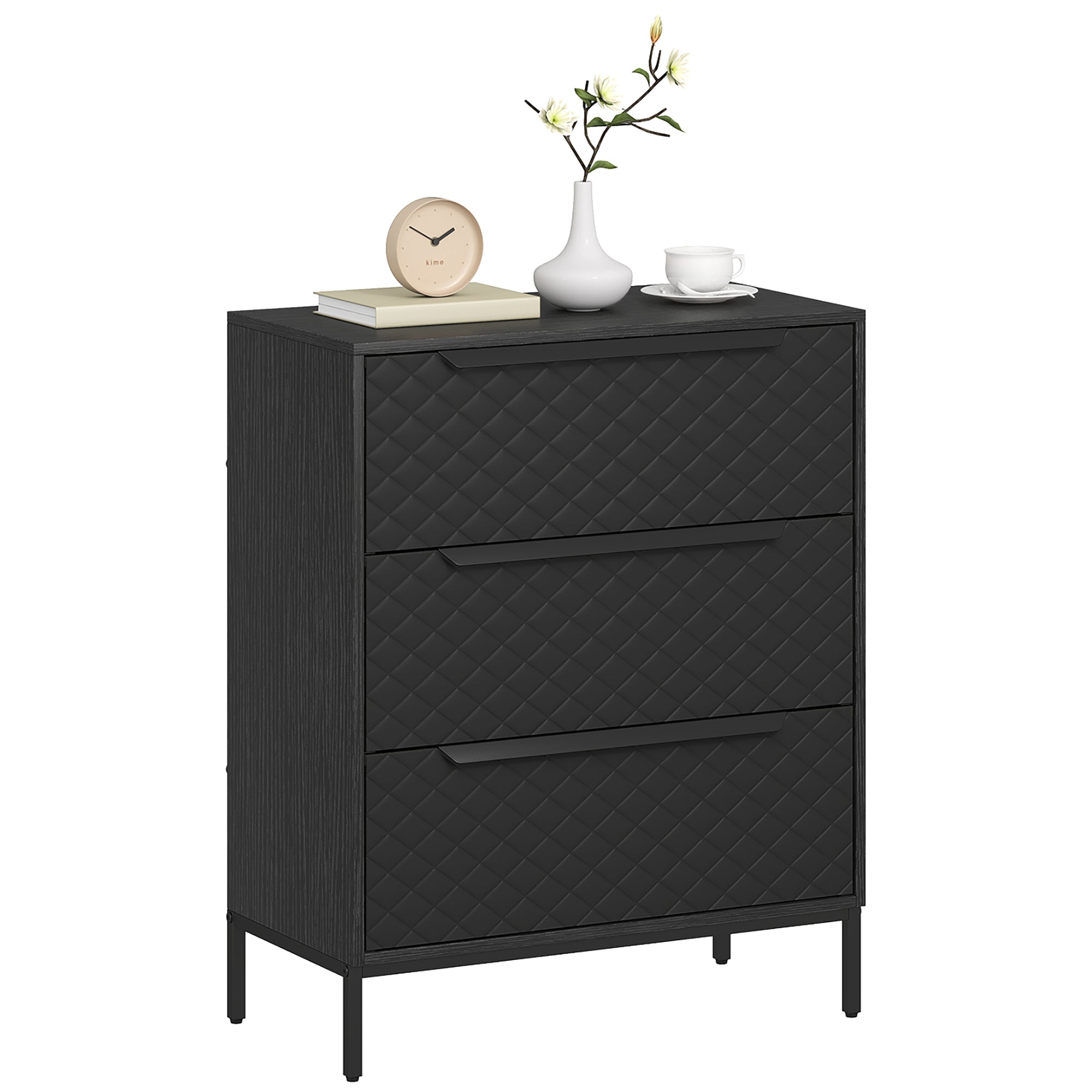 Chest of Drawers, Dresser with 3 Fabric Drawers, Bedroom Storage Unit with Aluminium Handles and Wood-effect Top for Living Room, Hallway, Entryway, Black