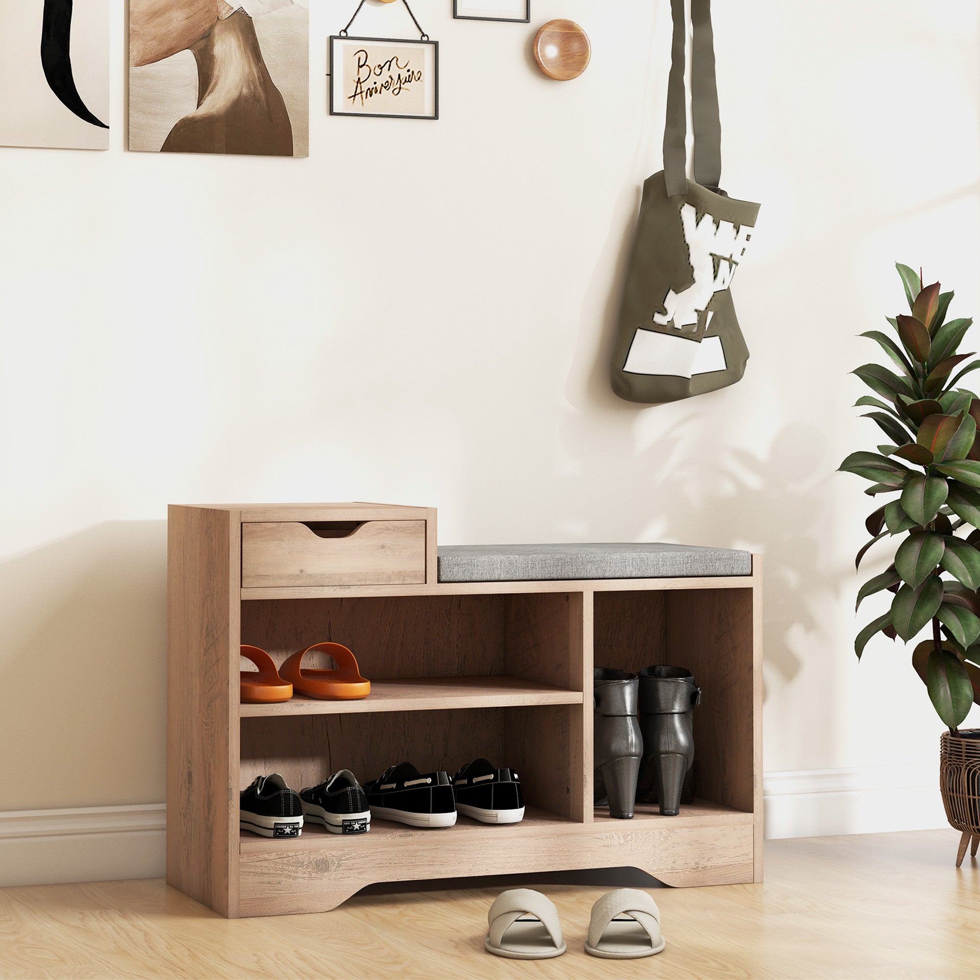 HOMCOM Shoe Storage Bench, Shoe Rack Bench with Seating Cushion, Drawer, 3 Open Compartments and Table Top for Entryway, Hallway, Distressed Grey