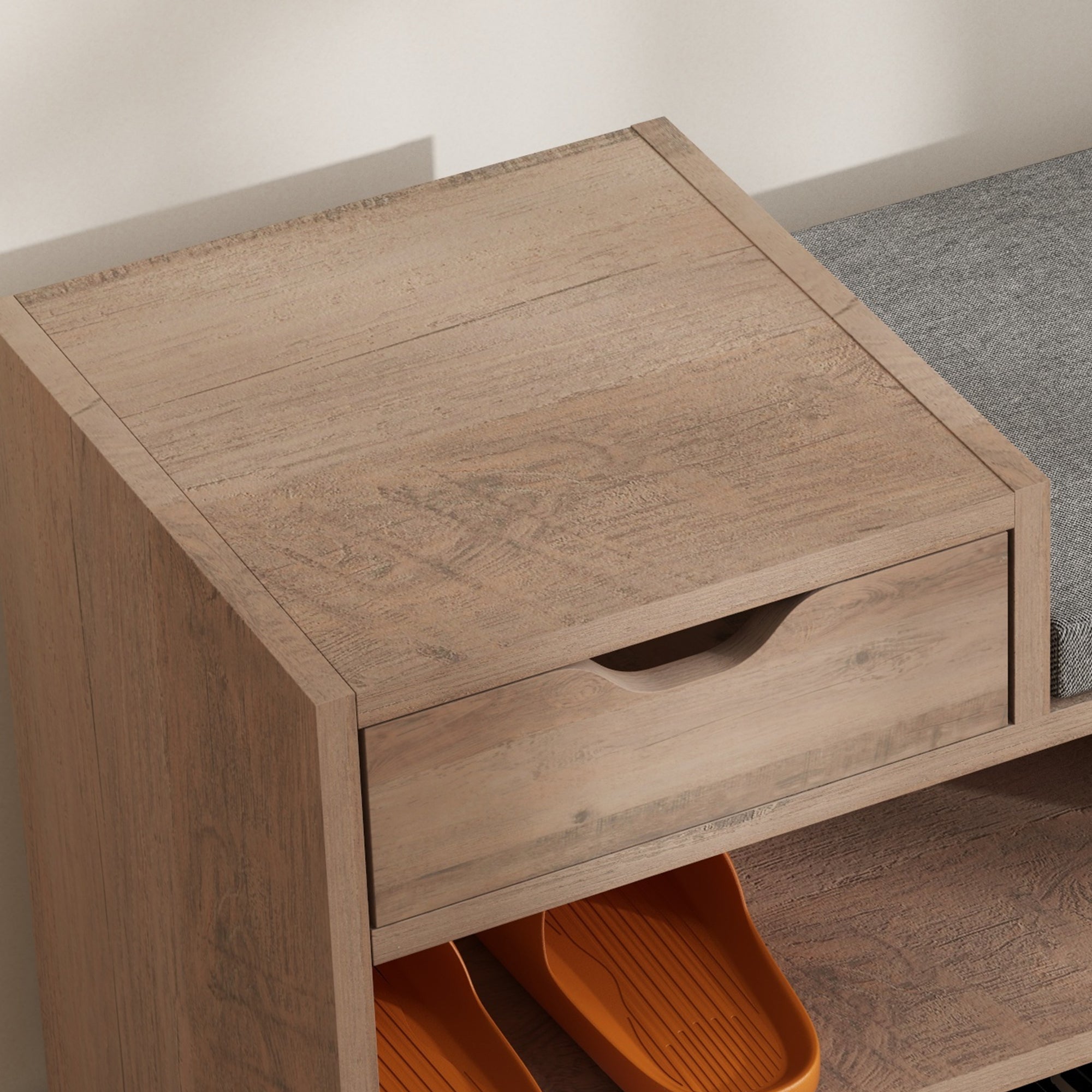 HOMCOM Shoe Storage Bench, Shoe Rack Bench with Seating Cushion, Drawer, 3 Open Compartments and Table Top for Entryway, Hallway, Distressed Grey