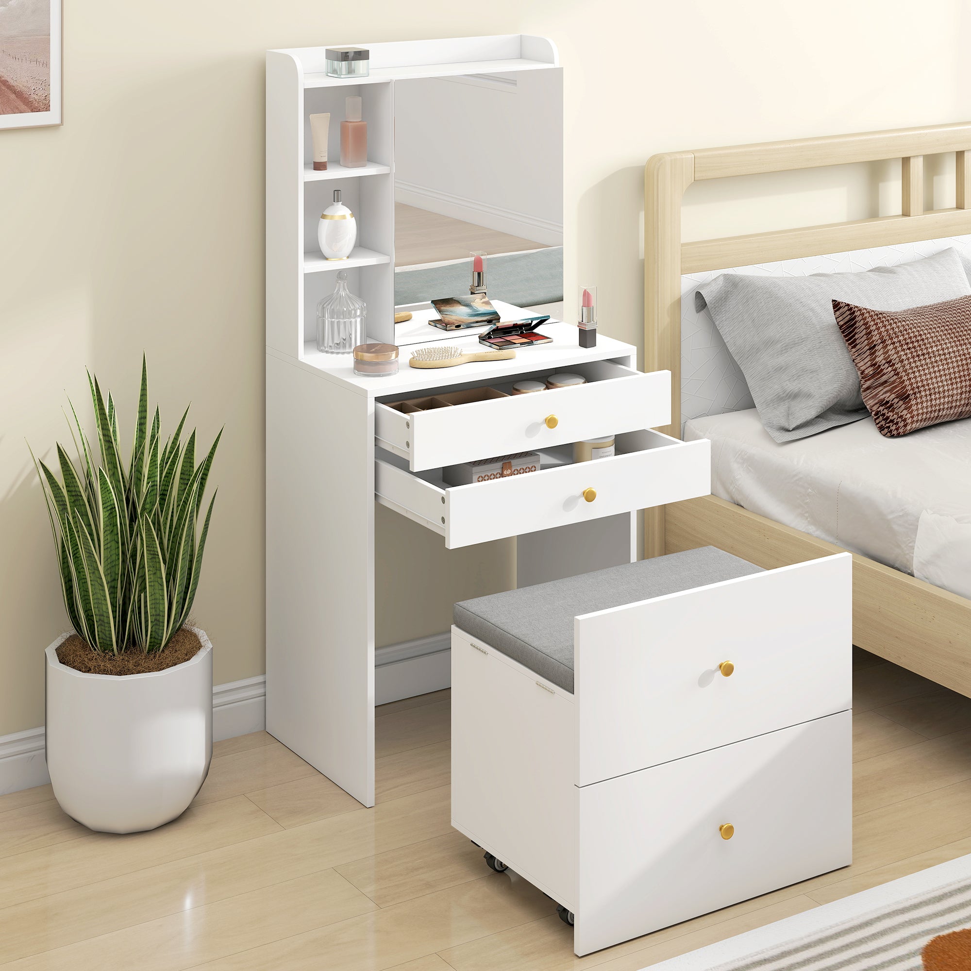 Dressing Table with Mirror and Mobile Storage Stool, Compact Vanity Table with Cabinet, Drawers, Open Shelves, Cushioned Seat, Modern Makeup Vanity Desk for Bedroom, White