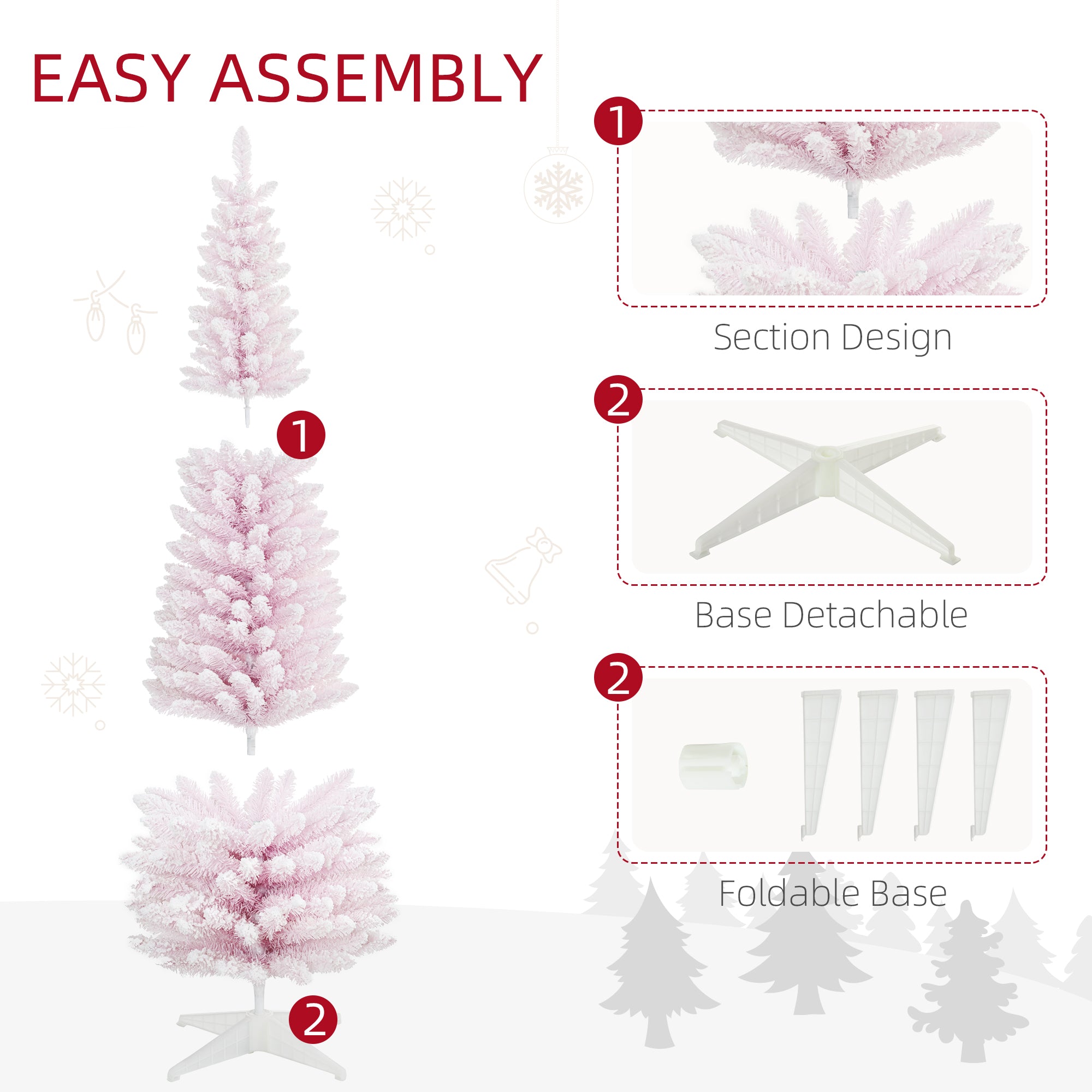 7' Snow Flocked Artificial Pencil Christmas Tree, Slim Xmas Tree with Realistic Branches and Plastic Base Stand for Indoor Decoration, Pink