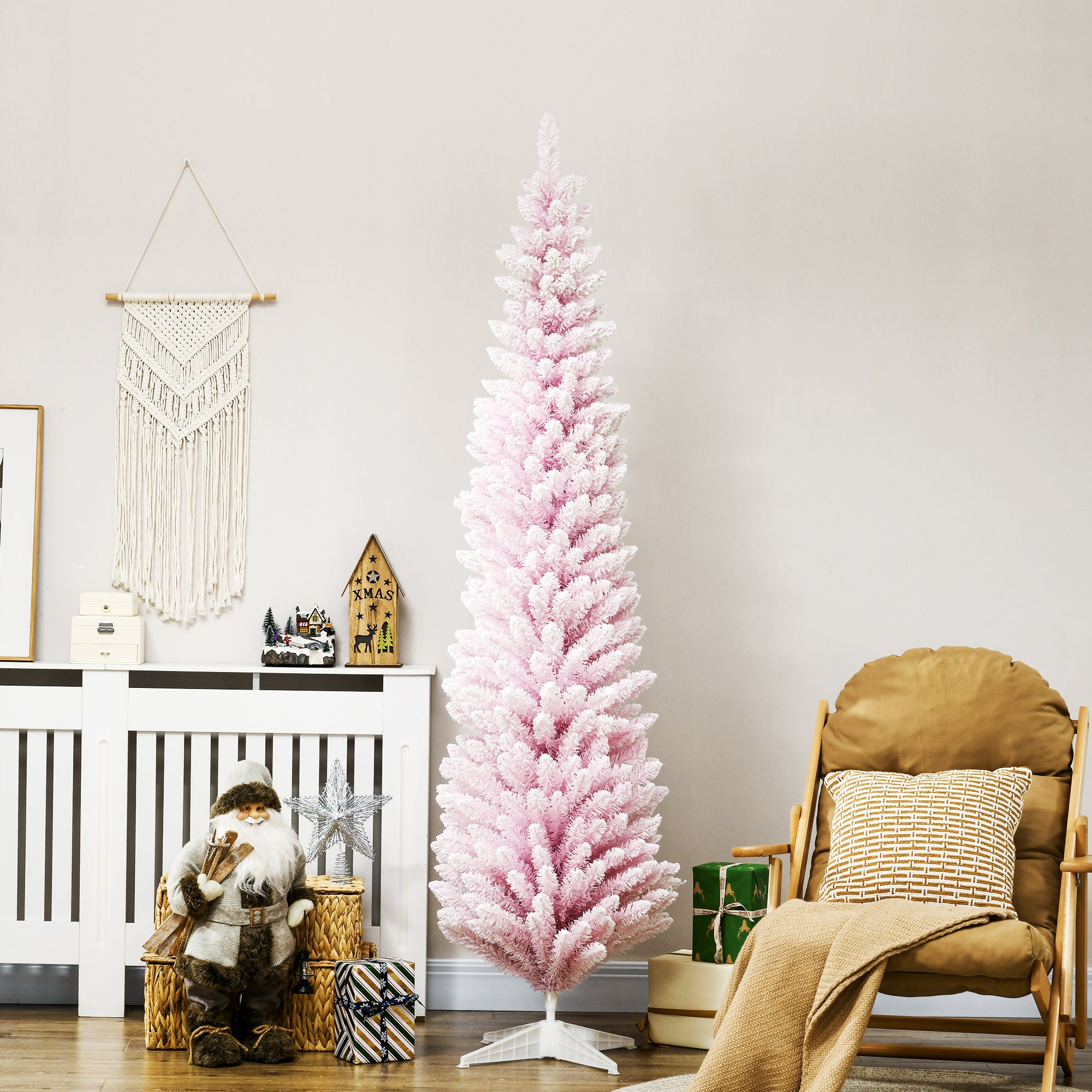 7' Snow Flocked Artificial Pencil Christmas Tree, Slim Xmas Tree with Realistic Branches and Plastic Base Stand for Indoor Decoration, Pink