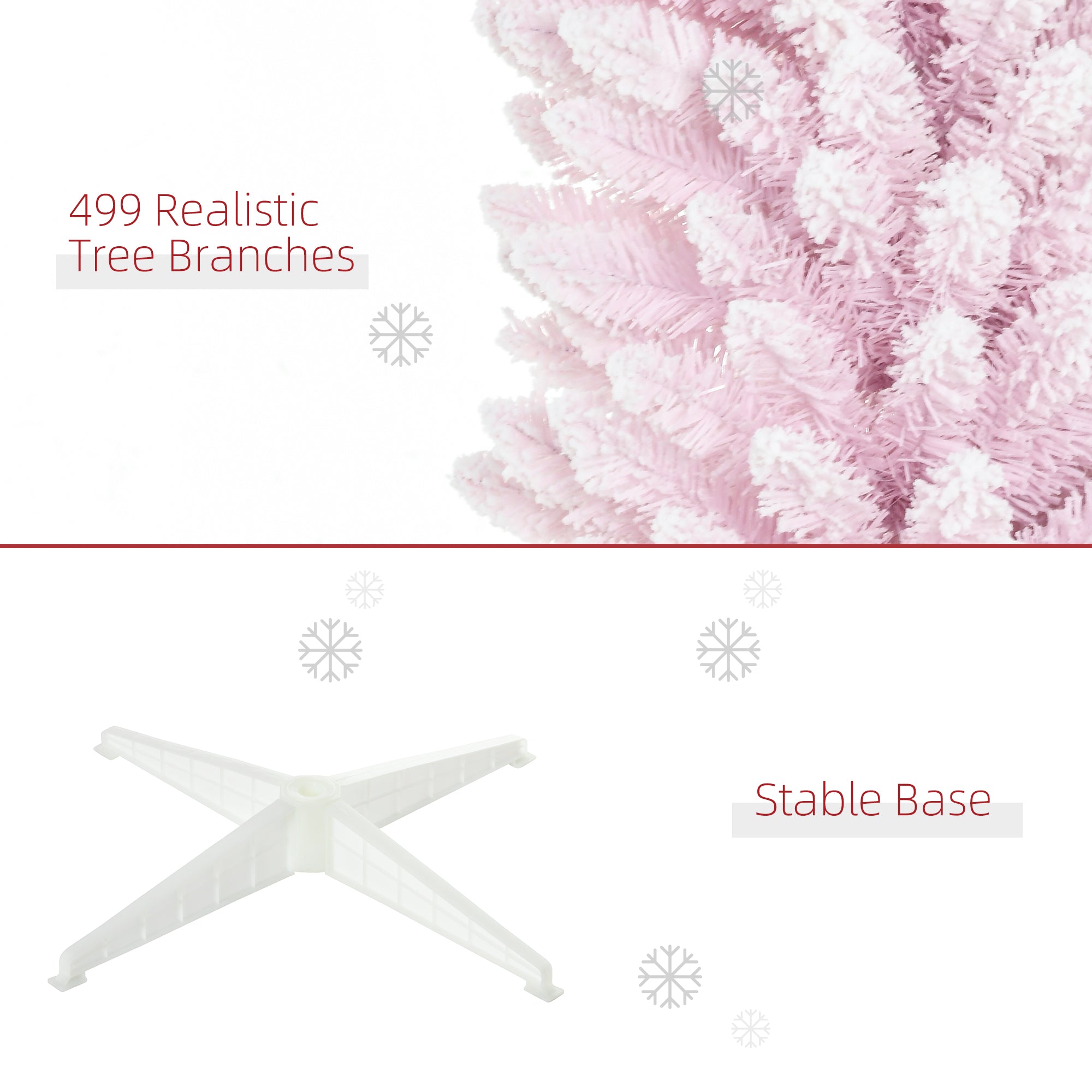 7' Snow Flocked Artificial Pencil Christmas Tree, Slim Xmas Tree with Realistic Branches and Plastic Base Stand for Indoor Decoration, Pink