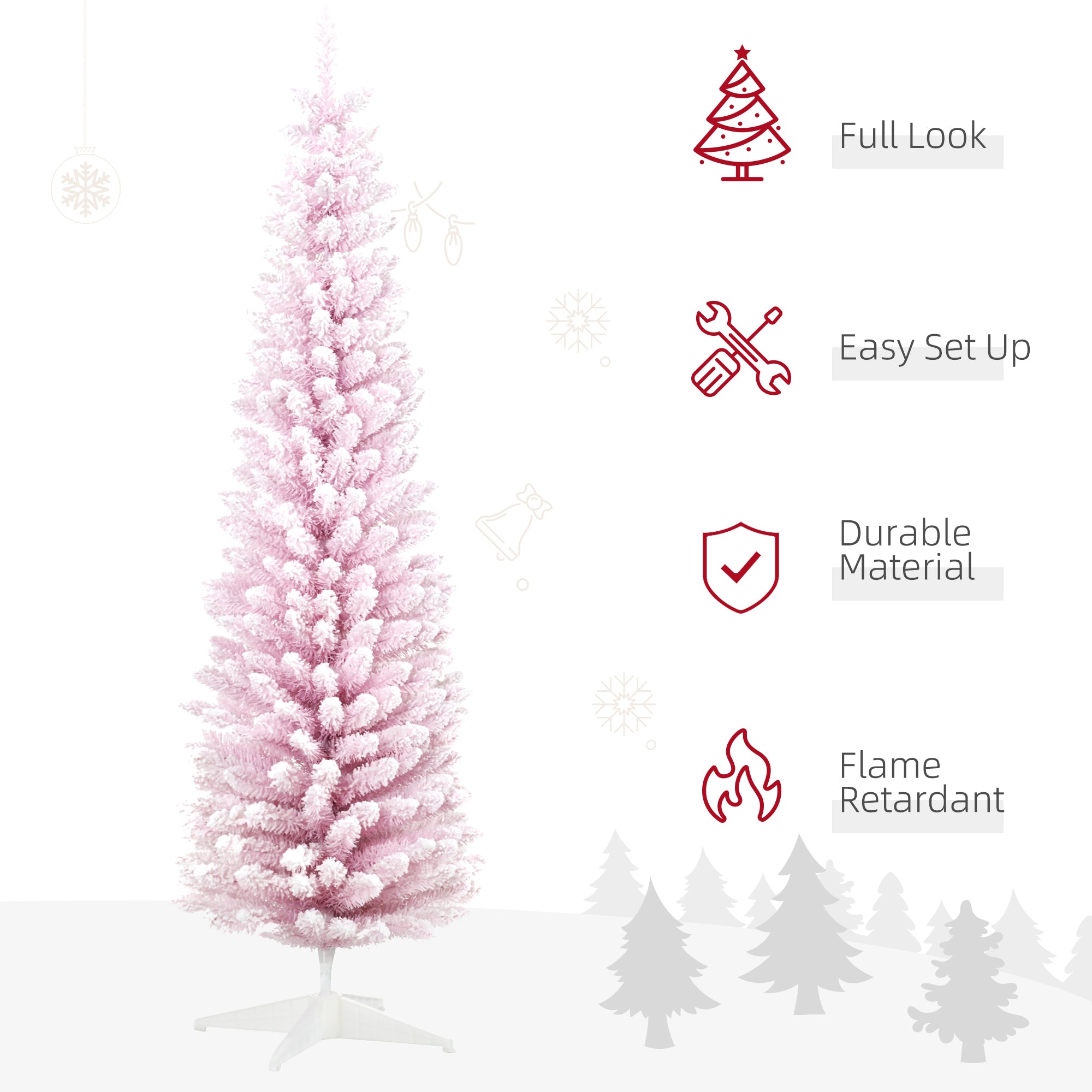 7' Snow Flocked Artificial Pencil Christmas Tree, Slim Xmas Tree with Realistic Branches and Plastic Base Stand for Indoor Decoration, Pink