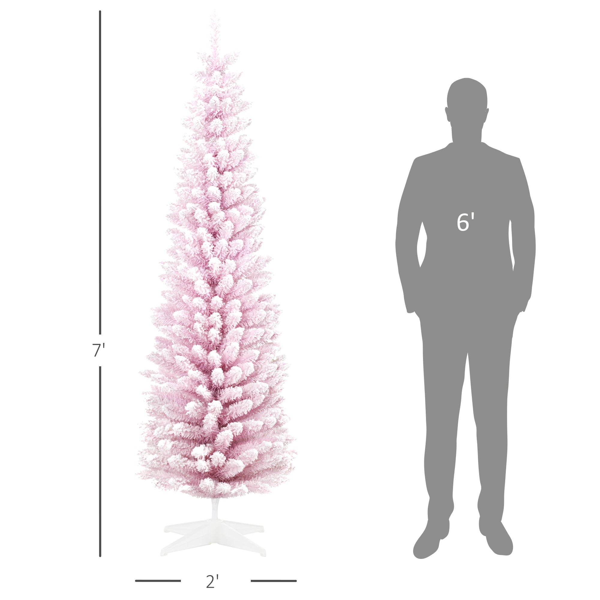 7' Snow Flocked Artificial Pencil Christmas Tree, Slim Xmas Tree with Realistic Branches and Plastic Base Stand for Indoor Decoration, Pink