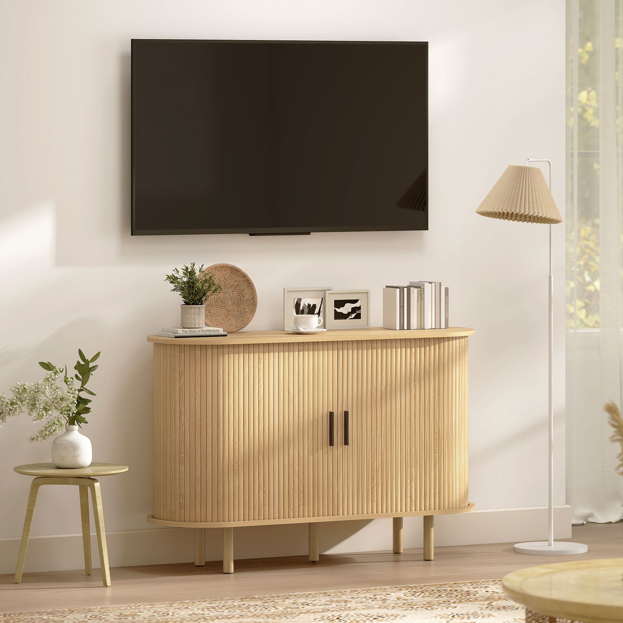 Fluted Sideboard Buffet Cabinet with Tambour Sliding Doors, 47" Modern Coffee Bar Cabinet with Storage Shelves and Wooden Legs, Kitchen Credenza, Oak