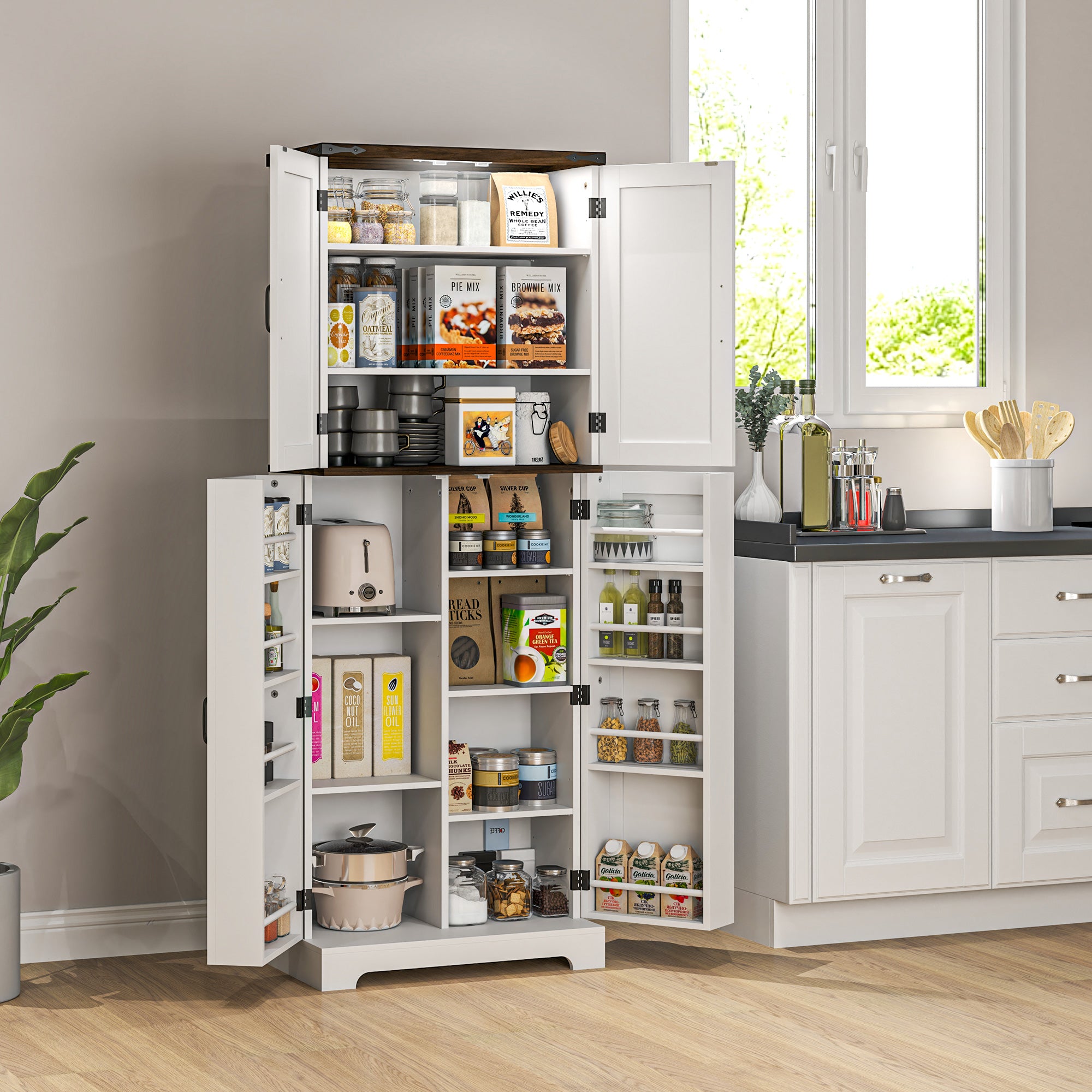 64" Kitchen Pantry Cabinet w/ Motion Sensor Light, Spice Racks & Adjustable Shelves, White