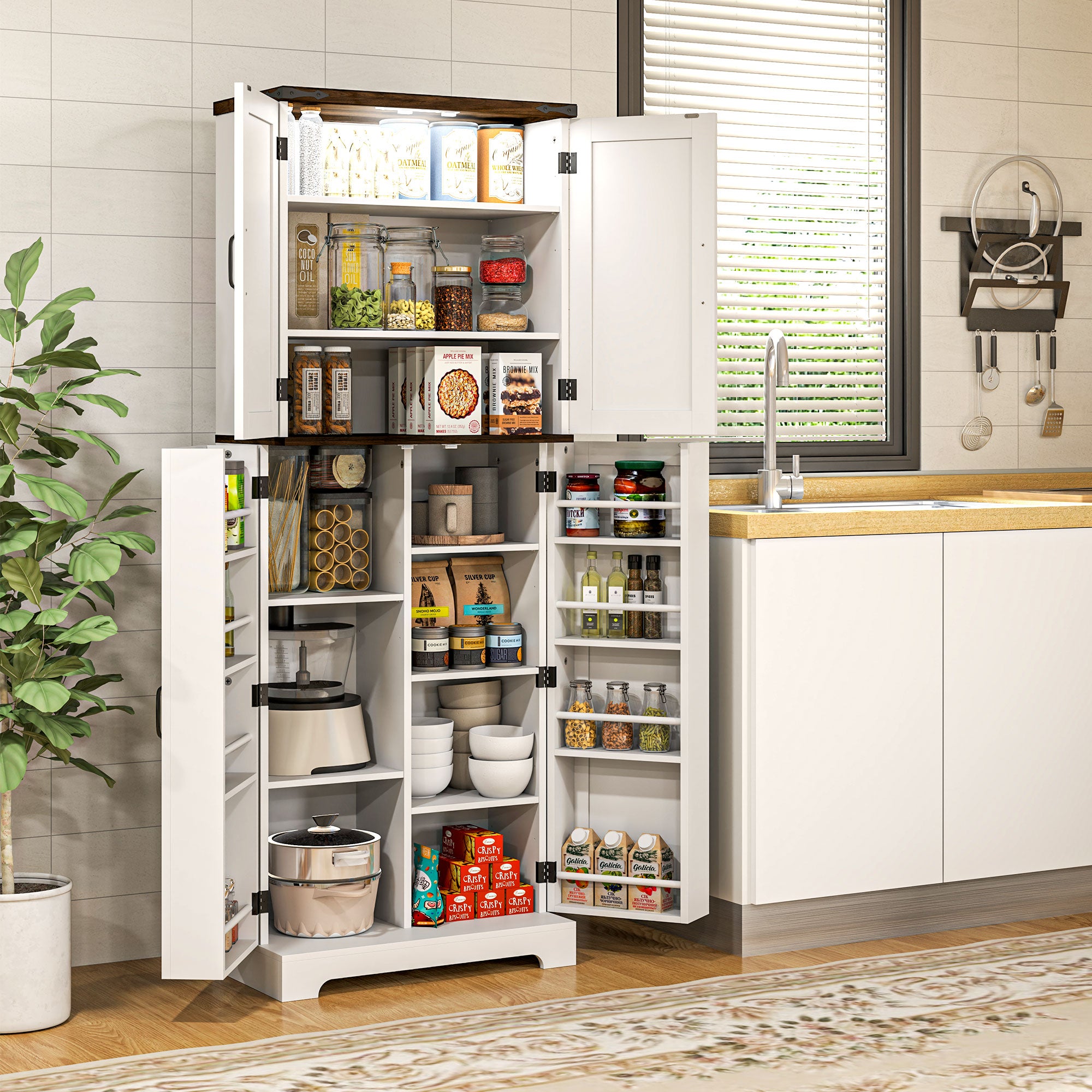64" Kitchen Pantry Cabinet w/ Motion Sensor Light, Spice Racks & Adjustable Shelves, White
