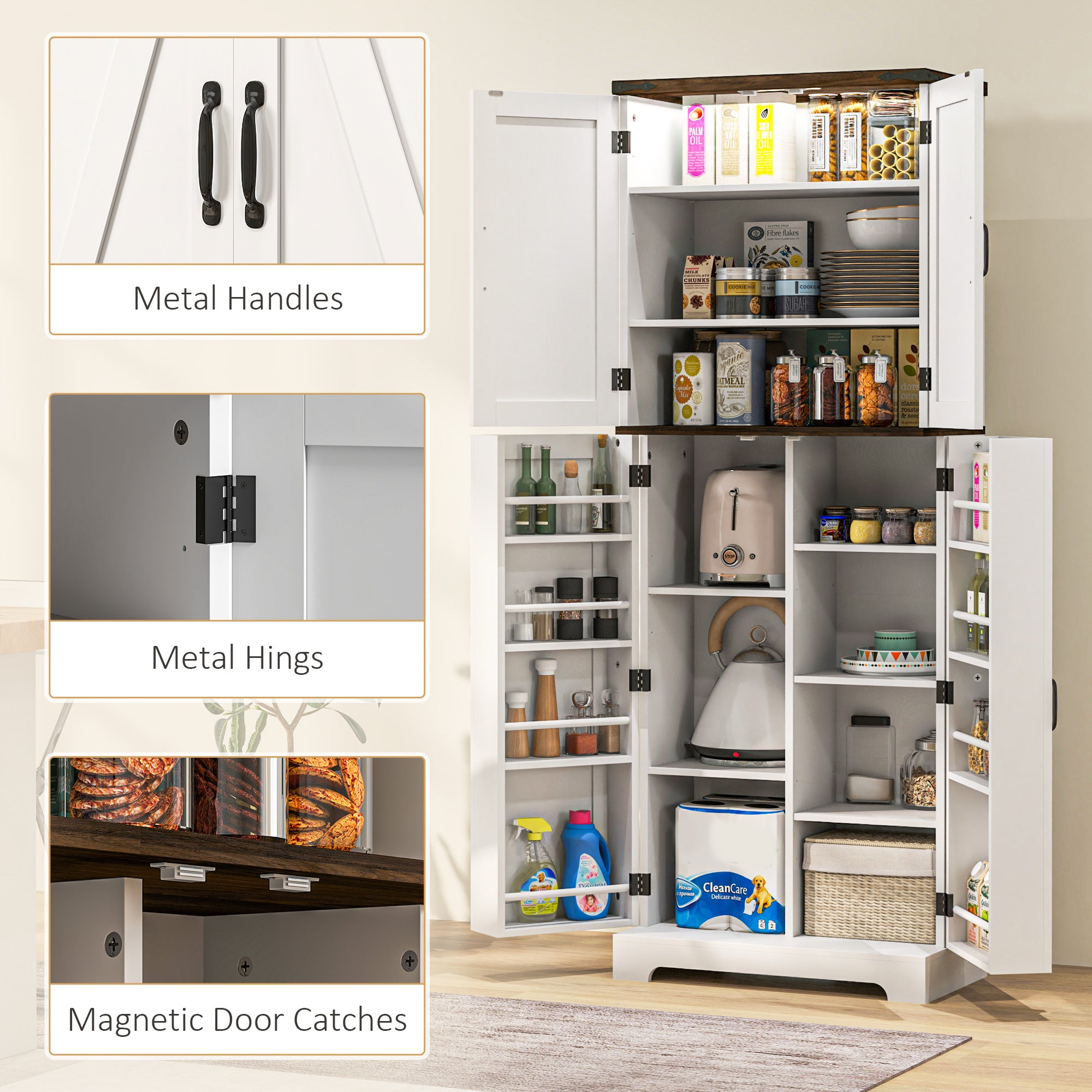 64" Kitchen Pantry Cabinet w/ Motion Sensor Light, Spice Racks & Adjustable Shelves, White