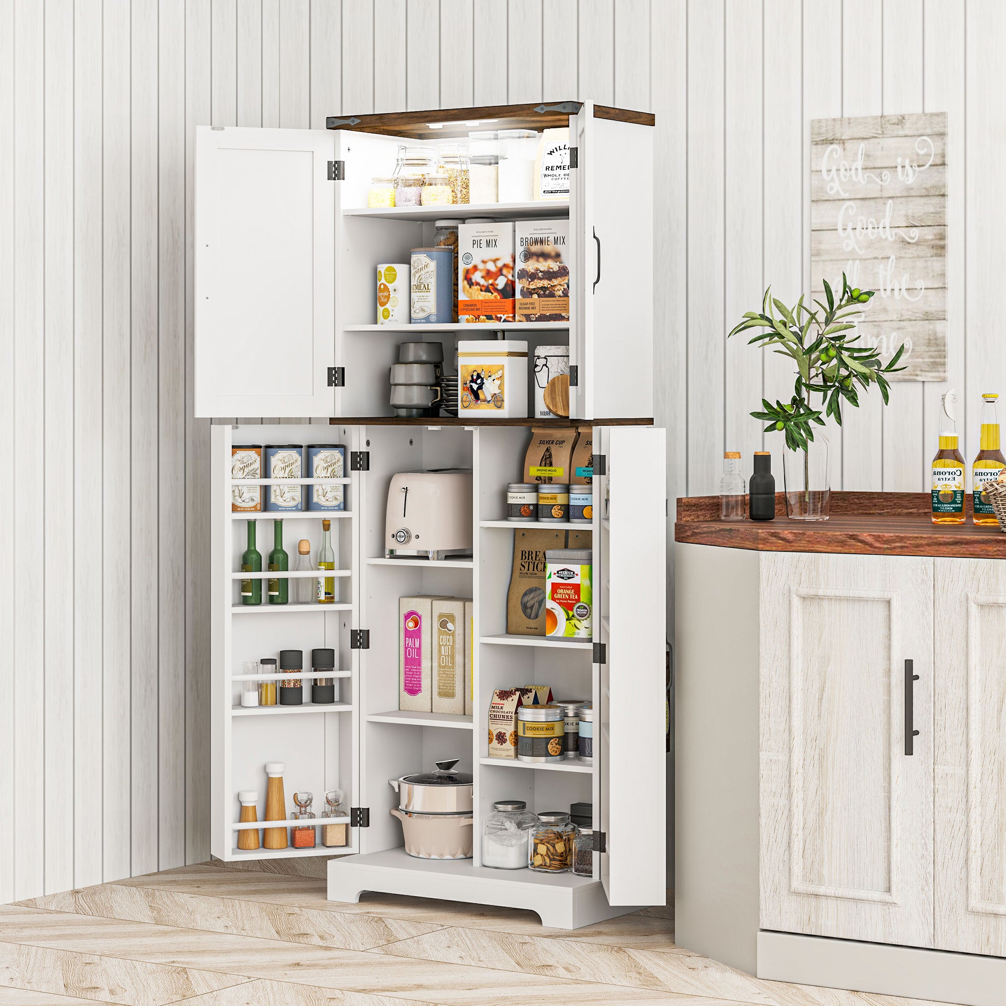 64" Kitchen Pantry Cabinet w/ Motion Sensor Light, Spice Racks & Adjustable Shelves, White