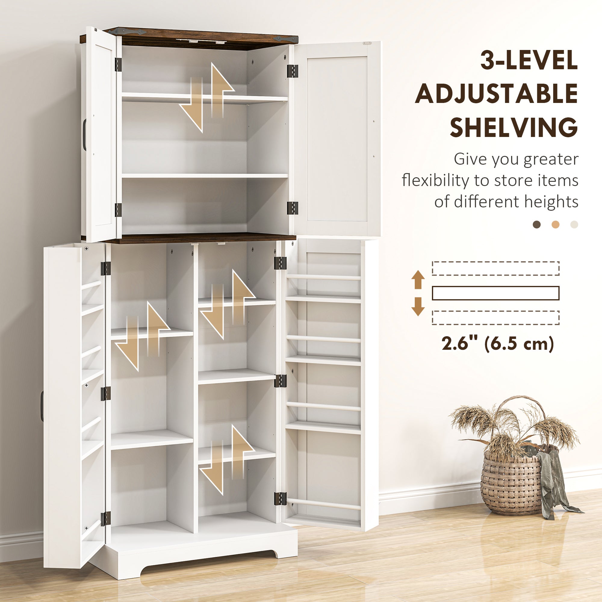 64" Kitchen Pantry Cabinet w/ Motion Sensor Light, Spice Racks & Adjustable Shelves, White